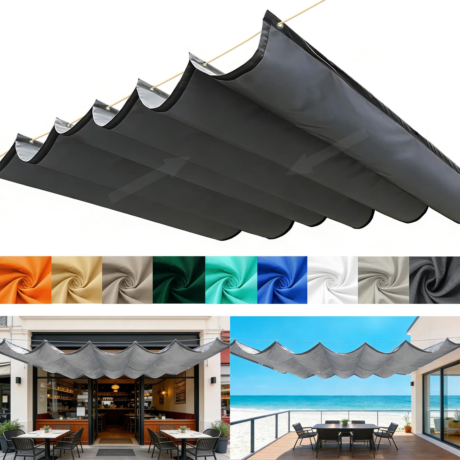 Retractable Wave Sun Shade Sail, Wave Awning Canopy with Eyelets and Rope, Adjustable Shade Cover Sun Protection Waterproof Outdoor Pergola for Outdoor Garden Patio Yard Lawn-Dark gray||180x1000cm
