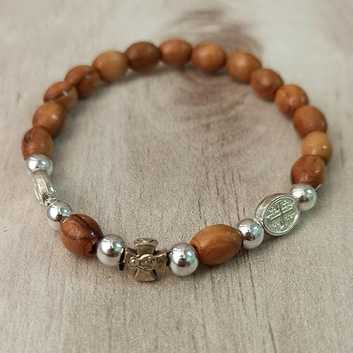 Miniatura 4 de Pulsera Jerusalén Madera de Olivo Rosario Cruz Tierra Santa Cuentas hechas a mano Católica, Plata, Sin gemas.
