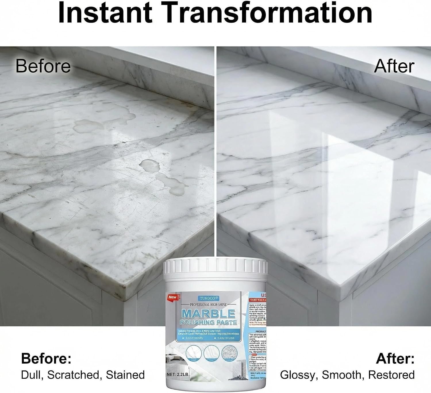 Marble Polishing Paste, Stone Cleaner & Shine Restorer for Countertops, Granite & Quartz Polish, Mirror Finish Stone Care Compound for Floors, Walls & Vanities, High Gloss Formula, 2.2LB