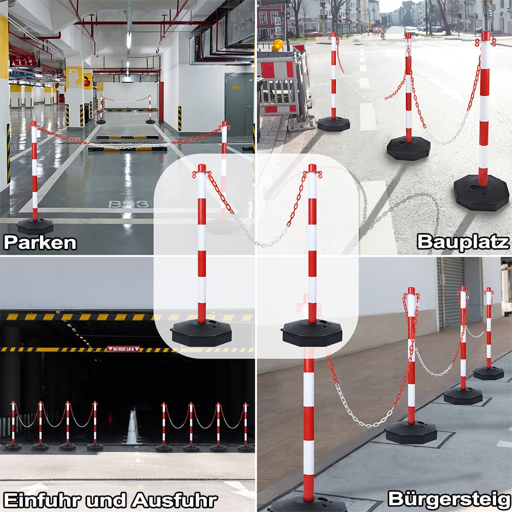 Poteau de chaîne, 4 poteaux d'arrêt avec chaînes 1,4 m, remplissage eau sable, plastique, avertissement parking