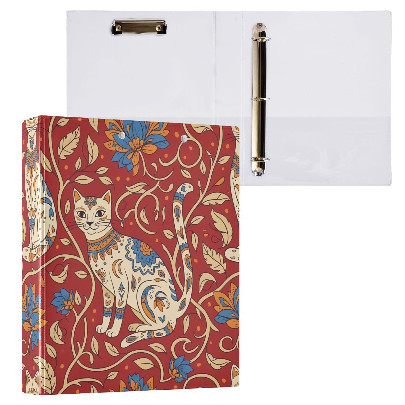 Carpeta de 3 anillos color rojo crema gatos, carpeta de anillos en D, paquete de 2 | Con portapapeles y bolsillos, para escuela, universidad, oficina