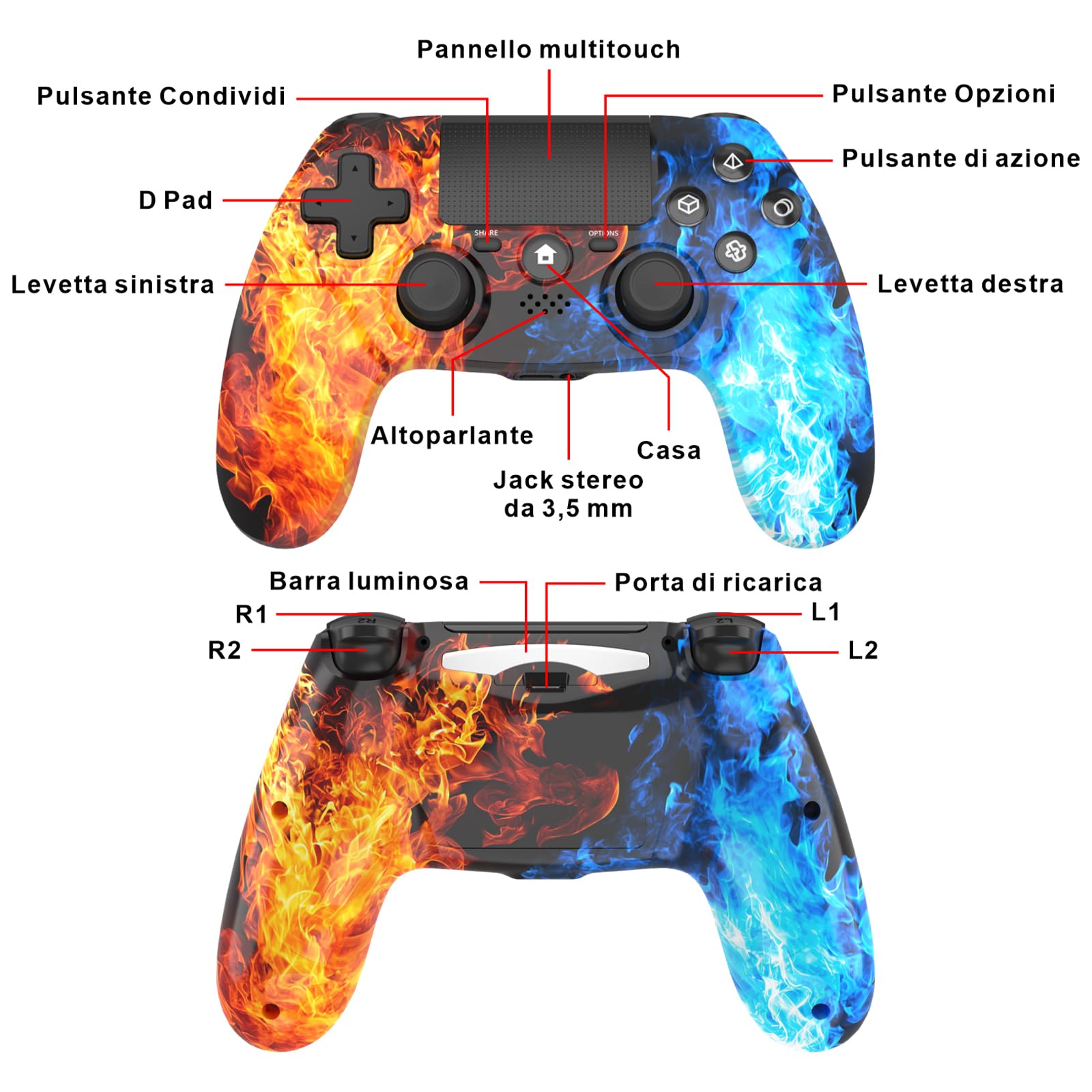 Controller wireless per PS4, Gamepad remoto senza fili con/doppia vibrazione / 6 assi sensore di movimento/funzione audio, controller di gioco ampiamente compatibile con PS4 / PC/iOS (rosso)
