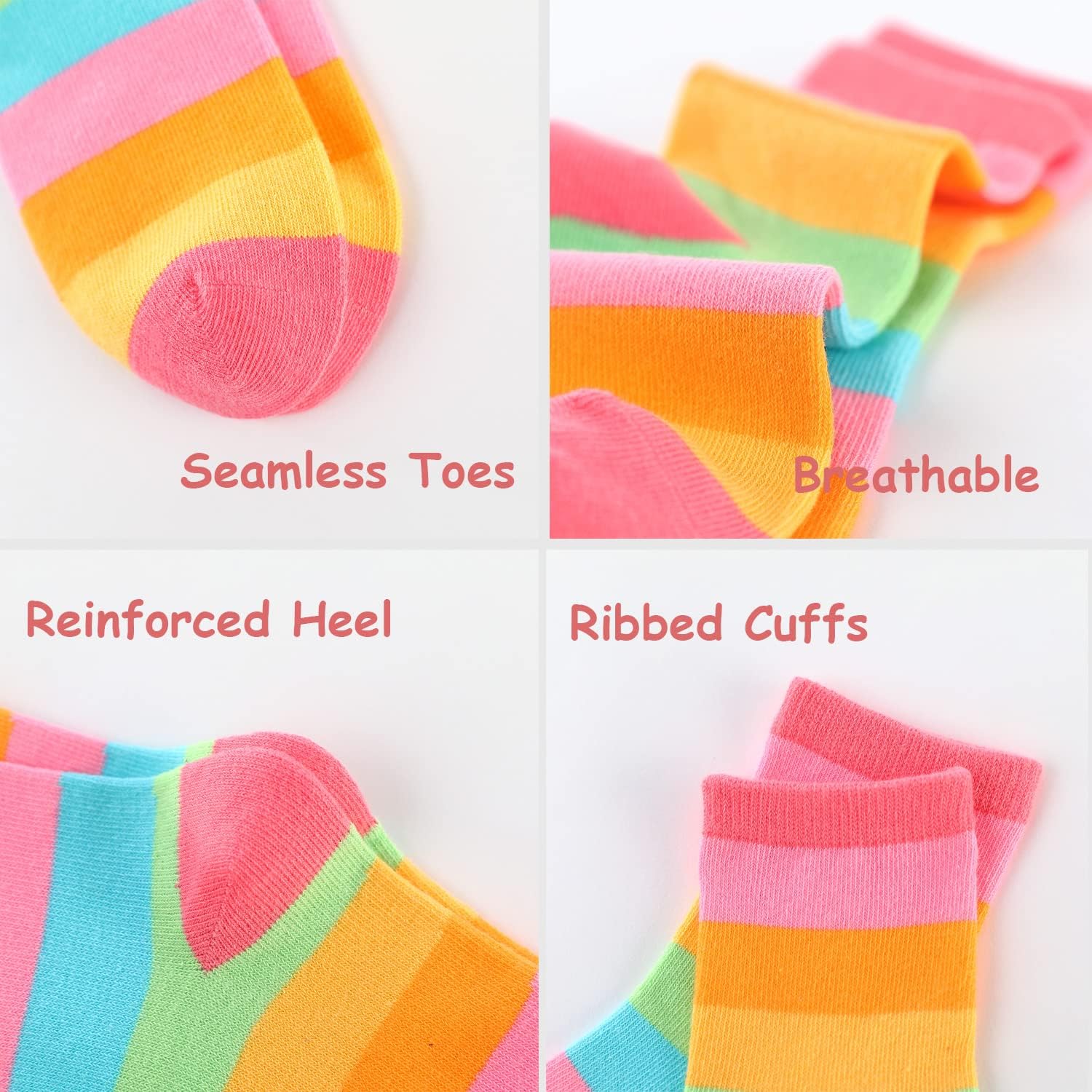 Marchare Girls Cotton Crew Socks Kids Casual Socks School Socks Rainbow Stripes 5 Pack - Image 5