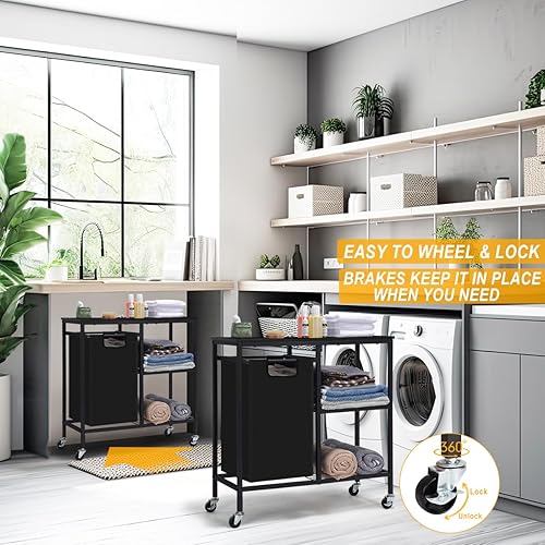 Miniatura 4 de Cesto de lavandería, clasificador de ropa sucia con tres estantes, sección organizadora de cesta de lavandería con bolsas de lavandería extraíbles