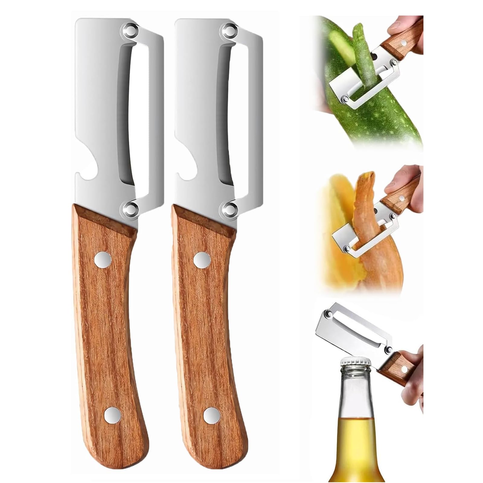 Photo 1 of 2 Pack 2 in 1 Multi Functional Vegetable Peeler with Bottle Opener and Wooden Handle,2026 New Stainless Steel Blade Kitchen Tool for Fruit Potato Pumpkin Papaya