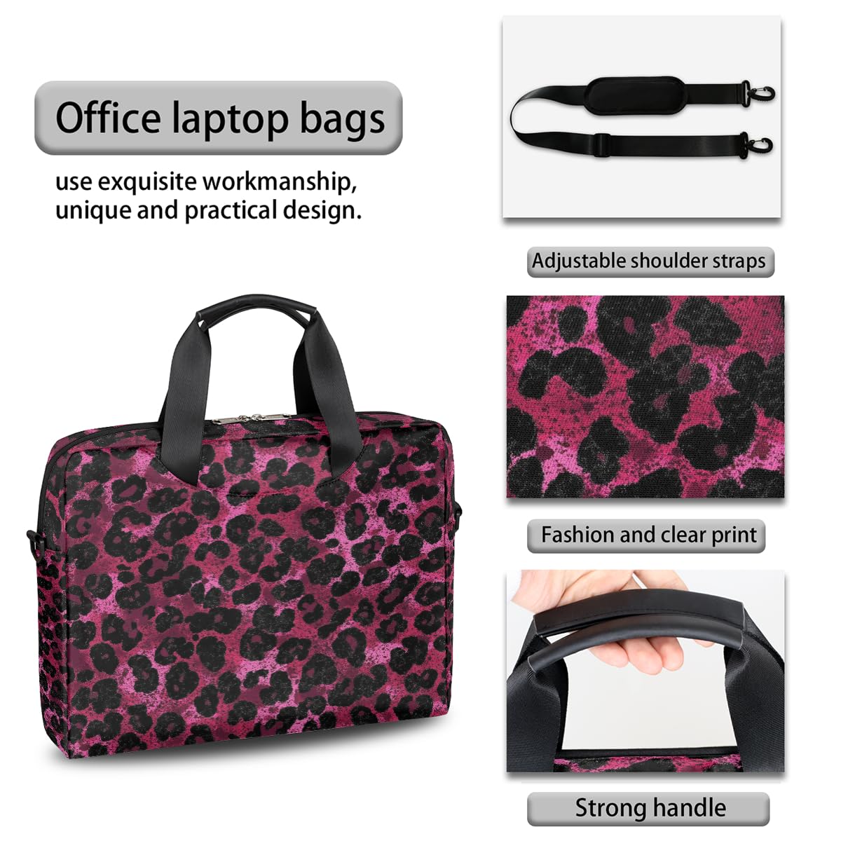 Mexpekil Borsa per computer portatile 15.6 16 pollici animale rosa nero leopardato stampa custodia per laptop impermeabile borsa a tracolla per donne uomini