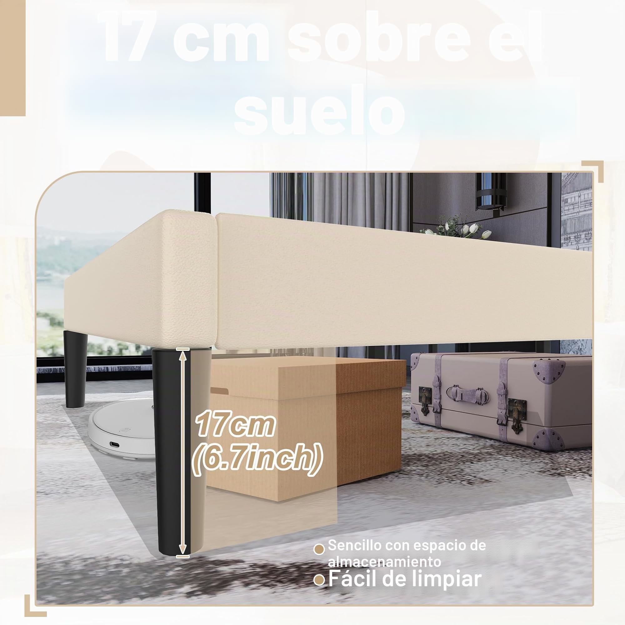 Froadp Cama tapizada de 90 x 200 cm – Marco de cama doble con soporte de listones de madera de piel sintética, cabecero tapizado con botones, marco de cama para dormitorio, diseño moderno (beige)