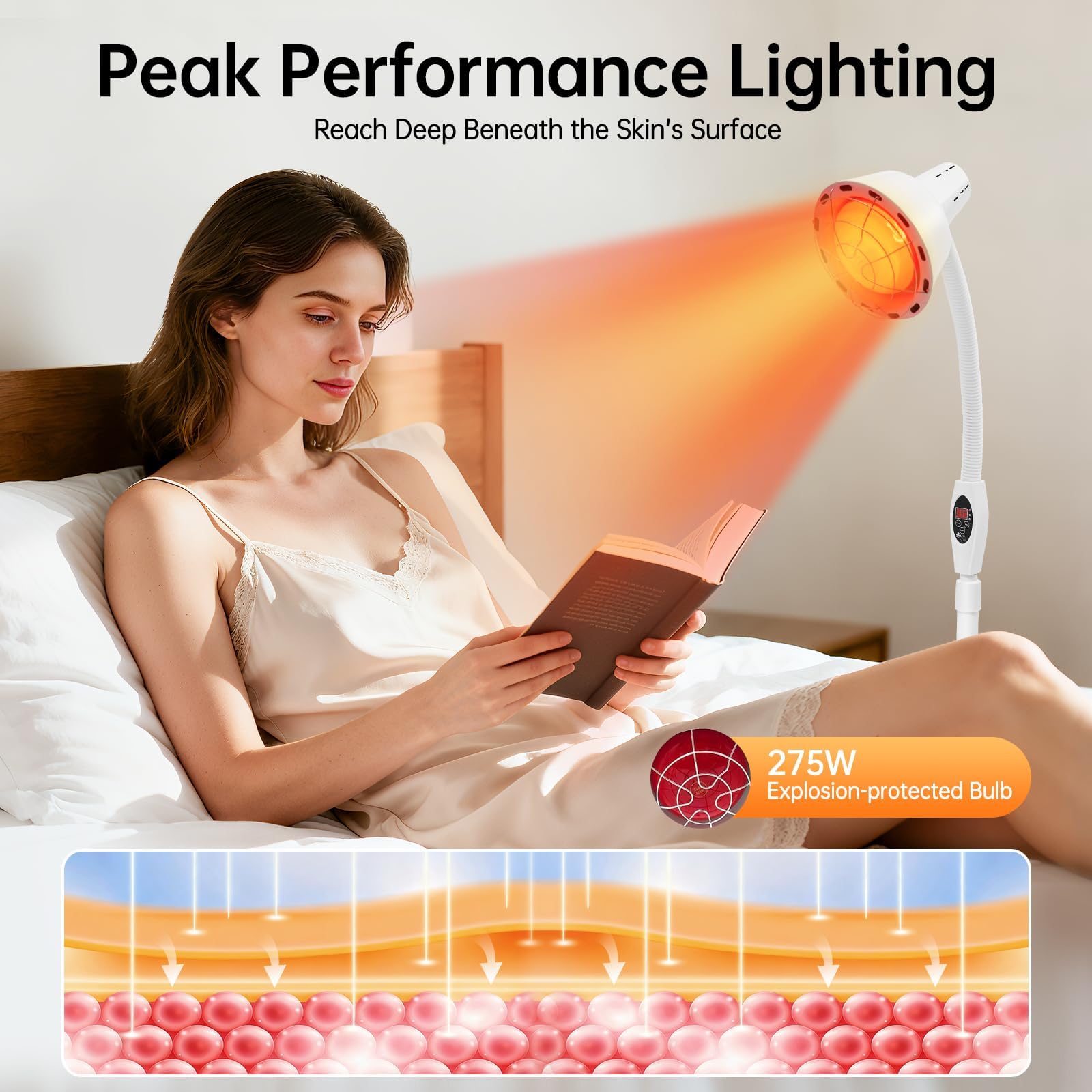 Lampada infrarossi riscaldante 275W con piedistallo regolabile e orientabile 360°, luce rossa terapia per rilassamento muscolare, circolazione e benessere della pelle, rosso