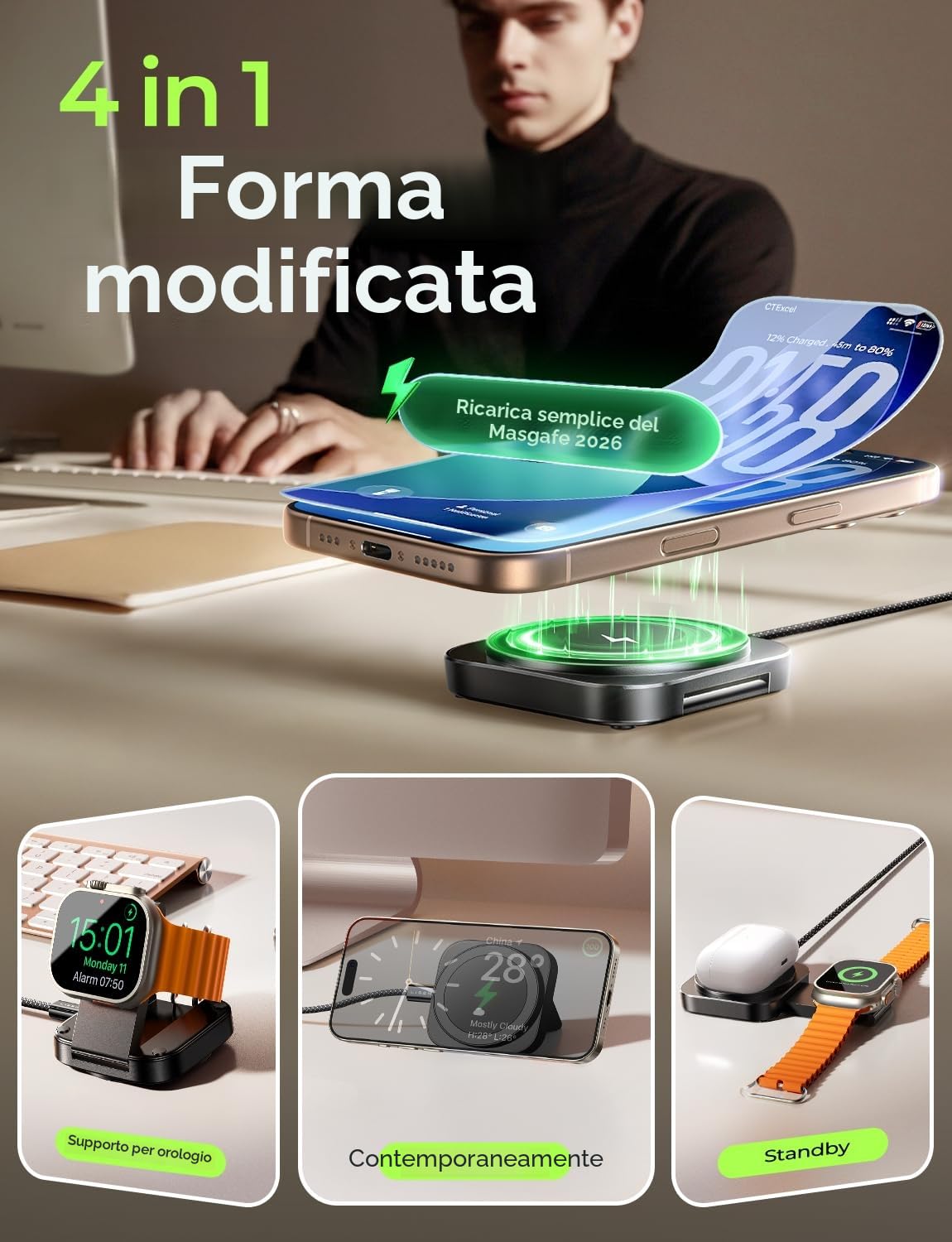 Caricatore Wireless per iPhone [Super Portatile] LISEN Stazione Ricarica per iPhone Apple Watch Airpods, Caricatore Magsafe Charger Apple Viaggi Accessori per Magsafe Stand per iPhone 16 15 Serie,Nero