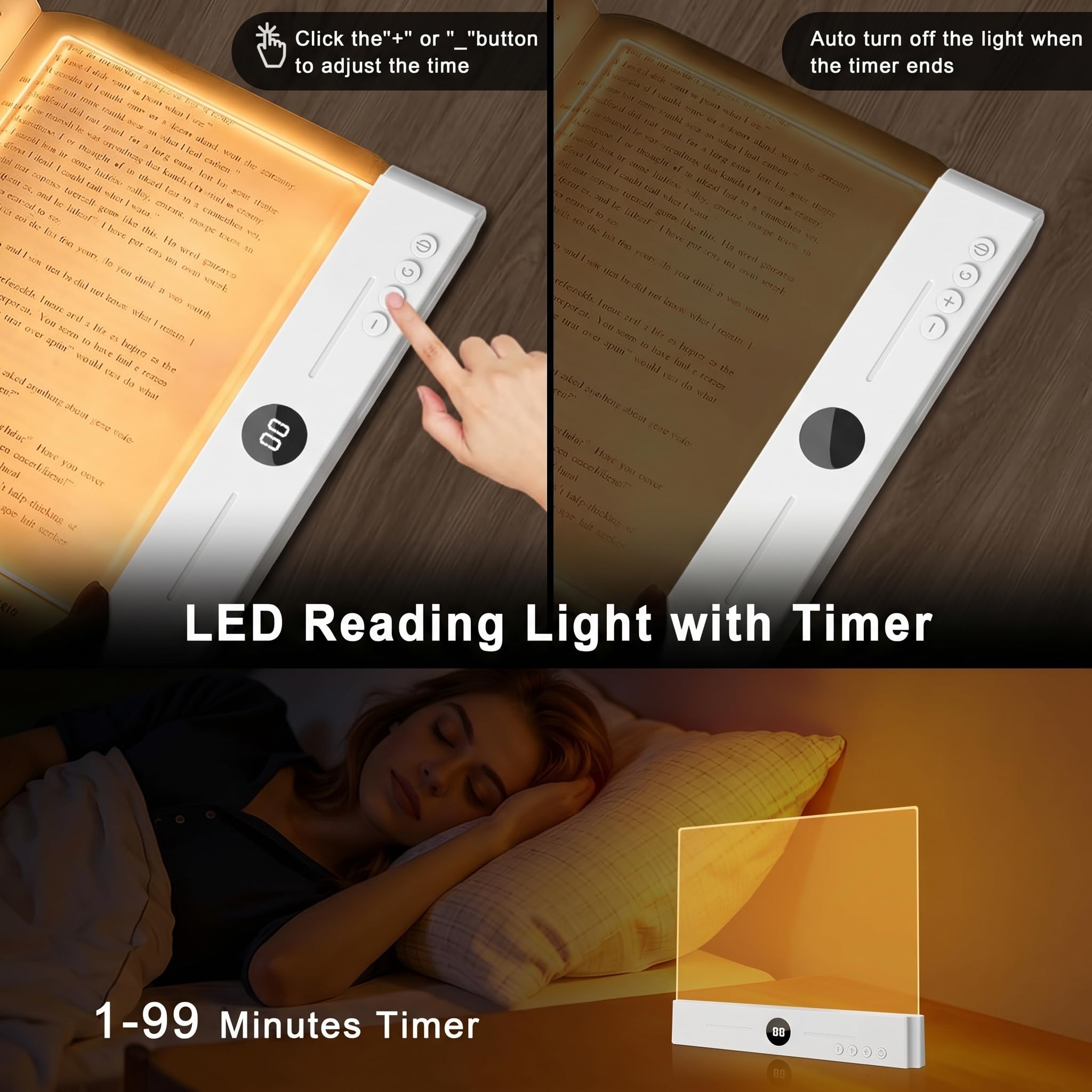 MENKSID - Luce piatta per lettura a letto, luce LED ricaricabile con timer, 3 modalità di colore e oscuramento continuo, lampada da libro per gli amanti dei libri, durata 35 ore, batteria 1200 mAh