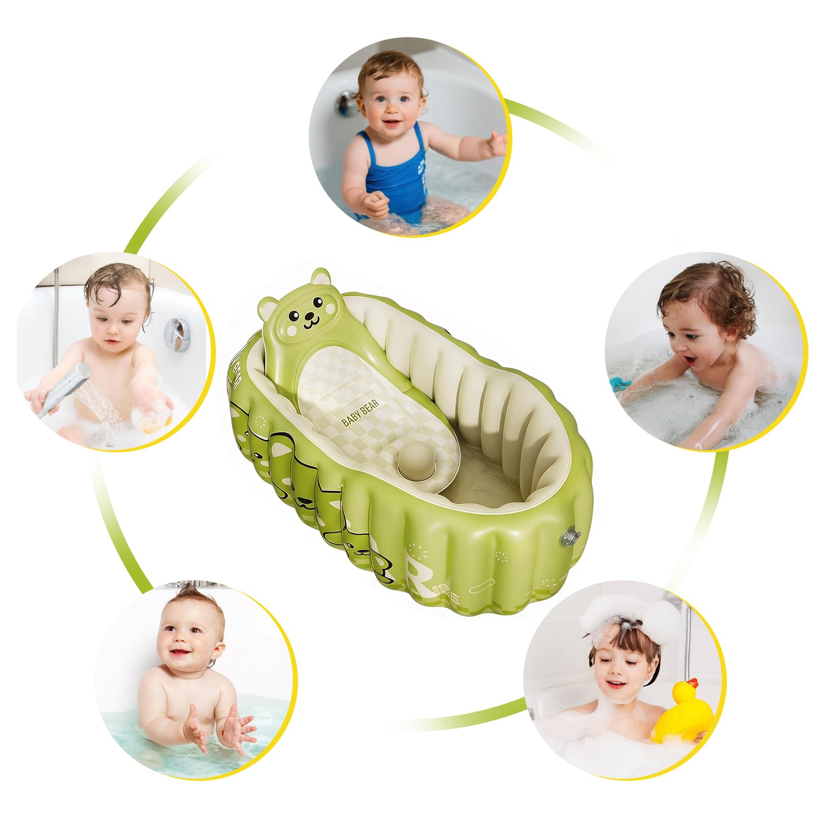 Bañera hinchable para bebés con respaldo y bomba de aire, bañera antideslizante para niños pequeños para viajes y hogar, bandeja de ducha portátil con asiento para 0-18 meses (verde)