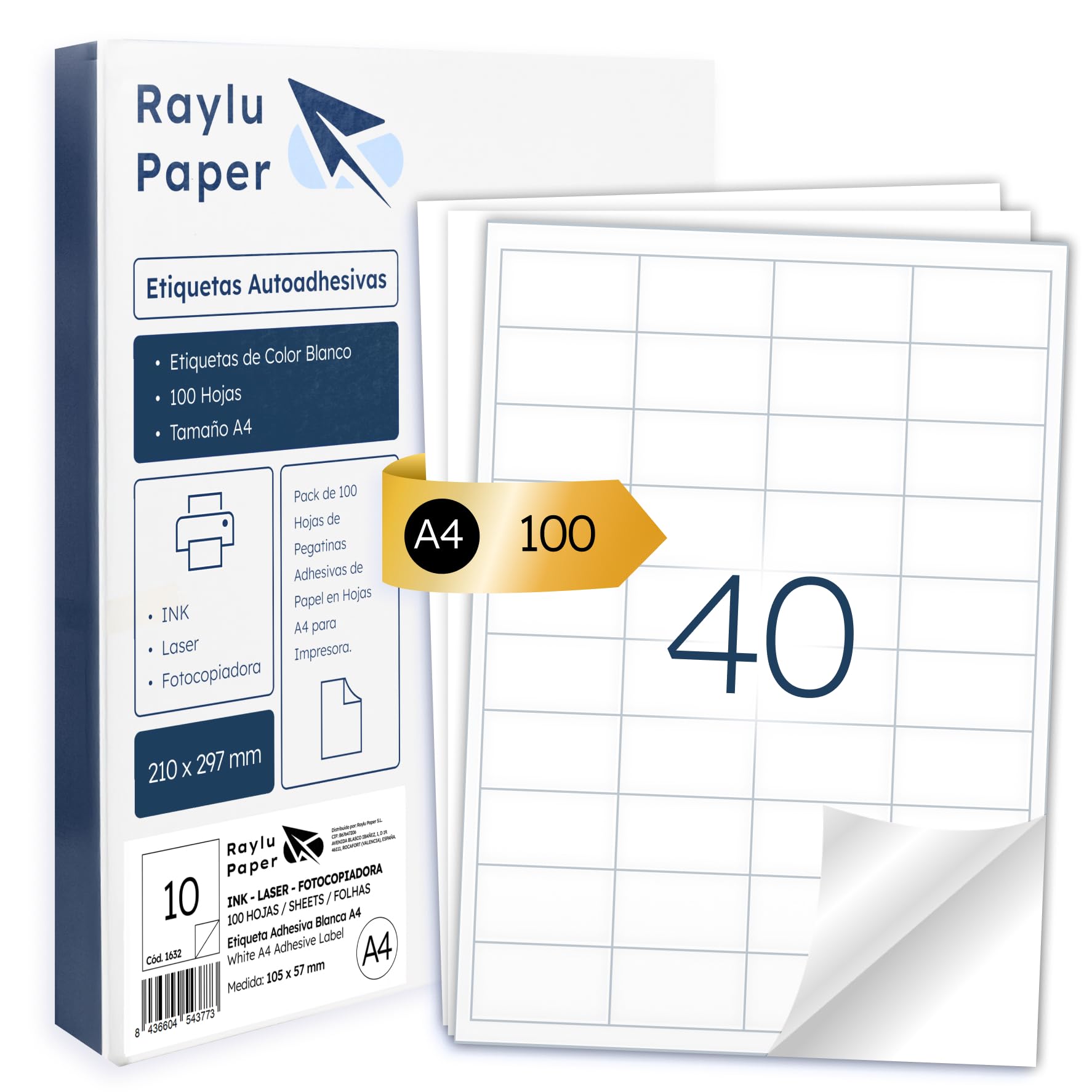 Raylu Paper ® - White Self-Adhesive Labels for Printing, A4 Sheets Adhesive Paper Stickers for Inkjet Printers, Laser and Copiers, 40 Labels per Sheet (48.5 x 25.4 mm)