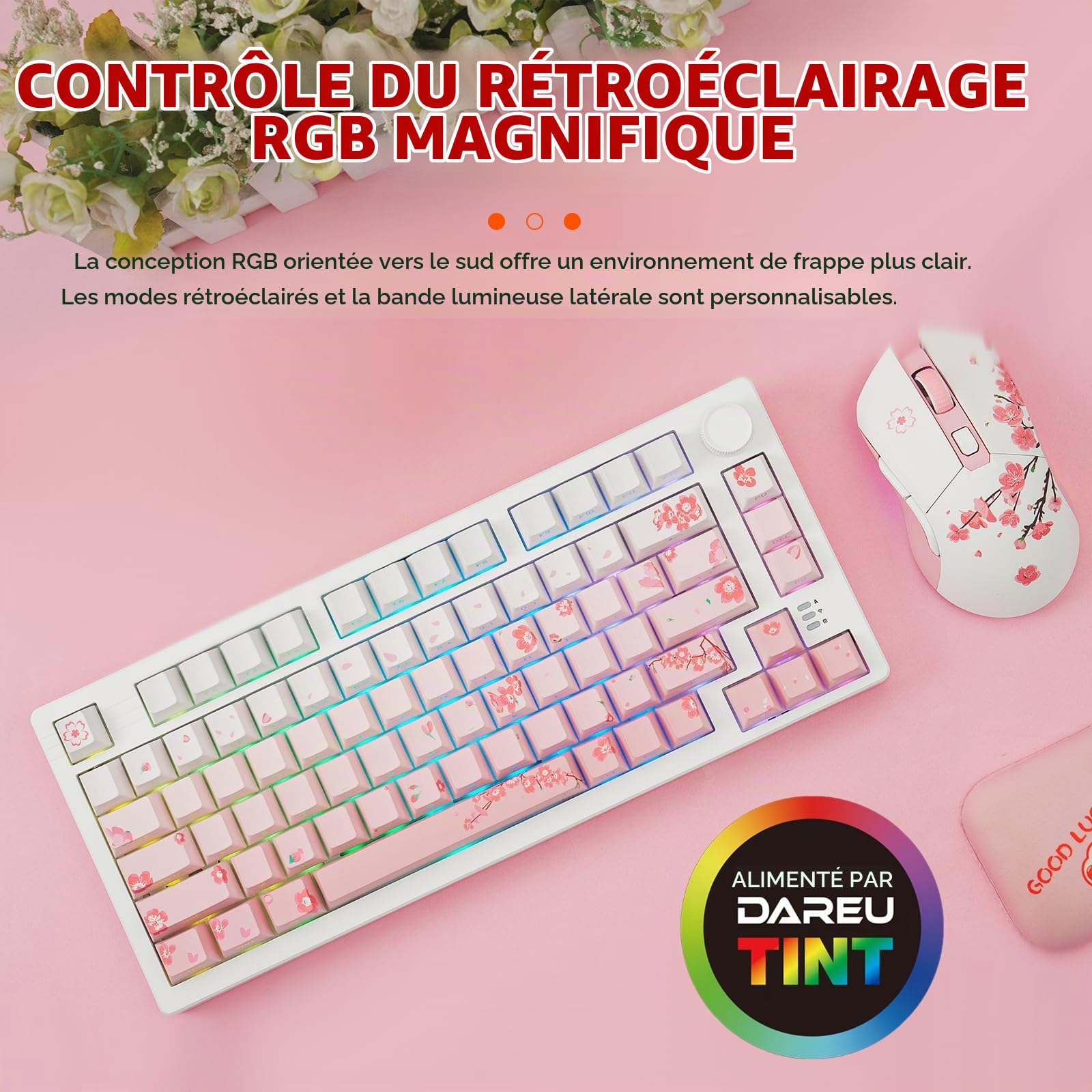DAREU EK75PRO Sakura Pink Clavier Mécanique Sans Fil,75% RGB Hot Swap Creamy Clavier Gamer Mécanique avec Knob,2.4Ghz/BT5.1/USB-C,Gasket Mount,PBT Side-printed Keycaps,Linear Cloud Switch pour Win/MAC