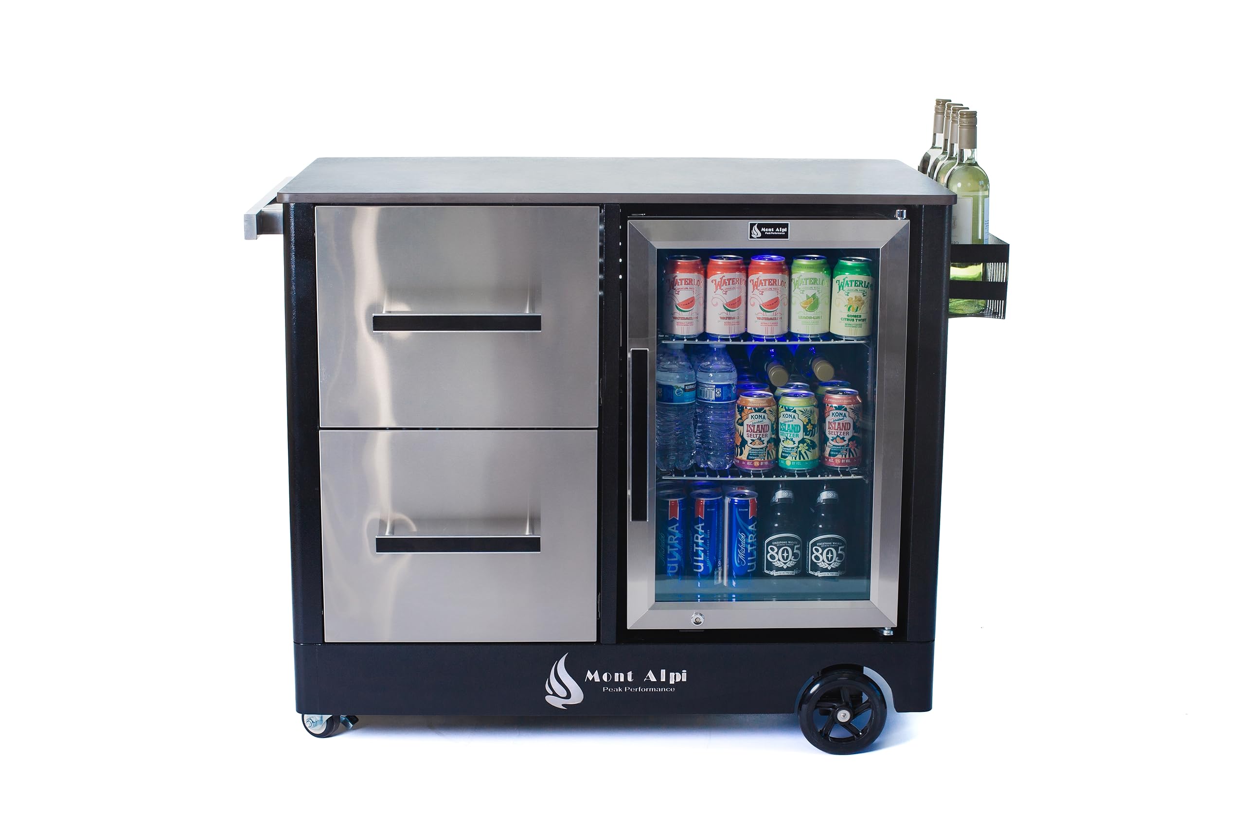 Mont Alpi Large Prep Cart Outdoor Bar Patio Kitchen Island Table Mobile Trolley Barbecue Grill Bar Prep Cart Stand with Ceramic Counter + Wine Holder