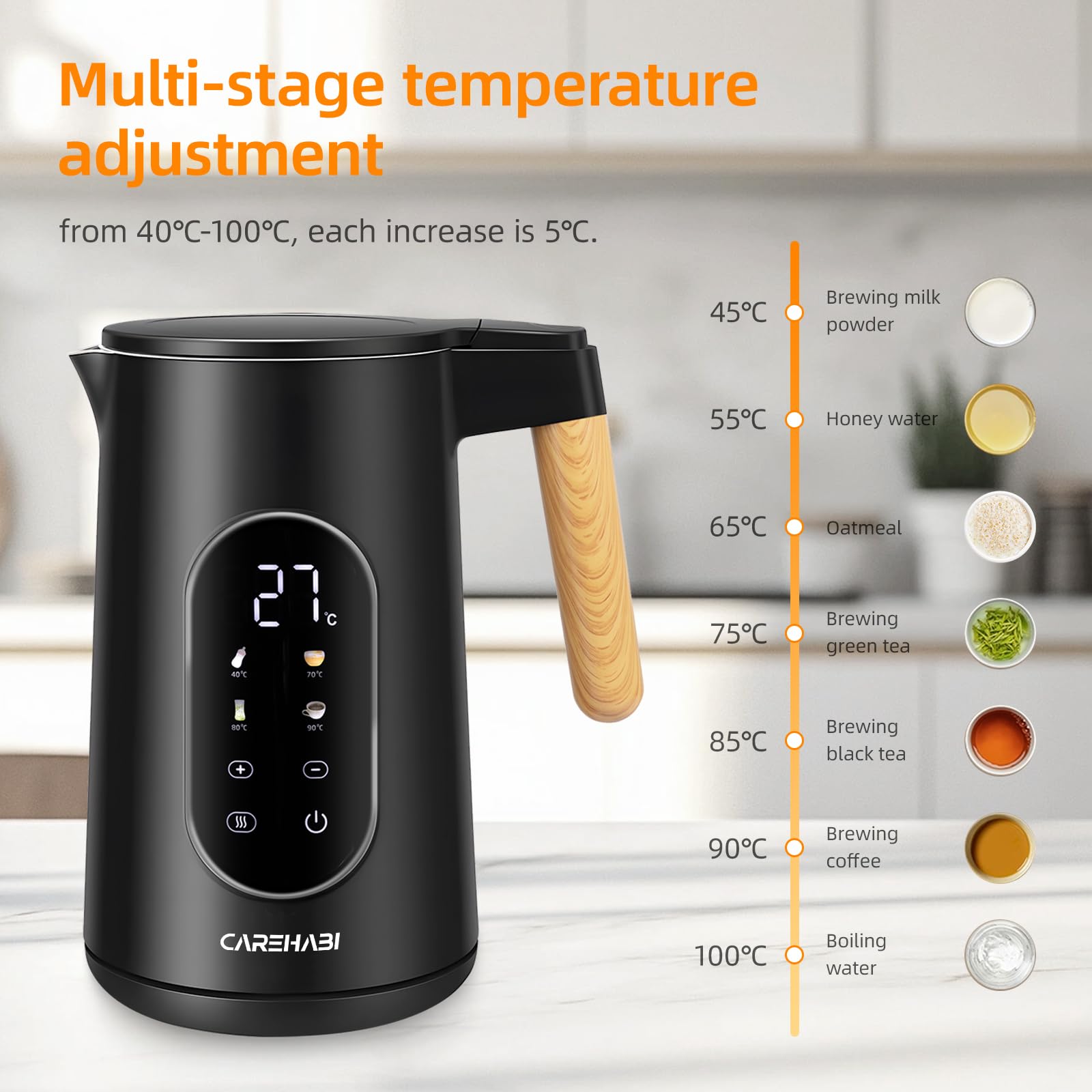 Carehabi Bollitore Elettrico 1,7 L 40-100°C Bollitore Elettrico Temperatura Regolabile Acciaio Inox 2200 W Indicatore LED Base di Rotazione a 360°