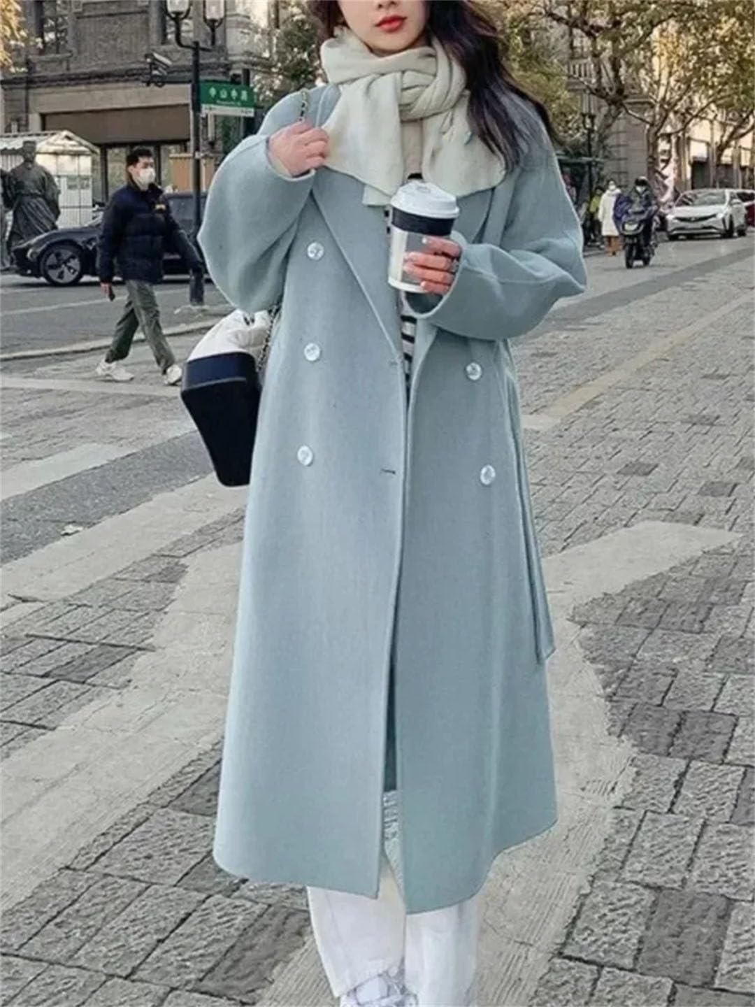 Abrigo de lana coreano suelto para mujer, elegante, liso, abrigo largo con cinturón, abrigo largo delgado y cálido