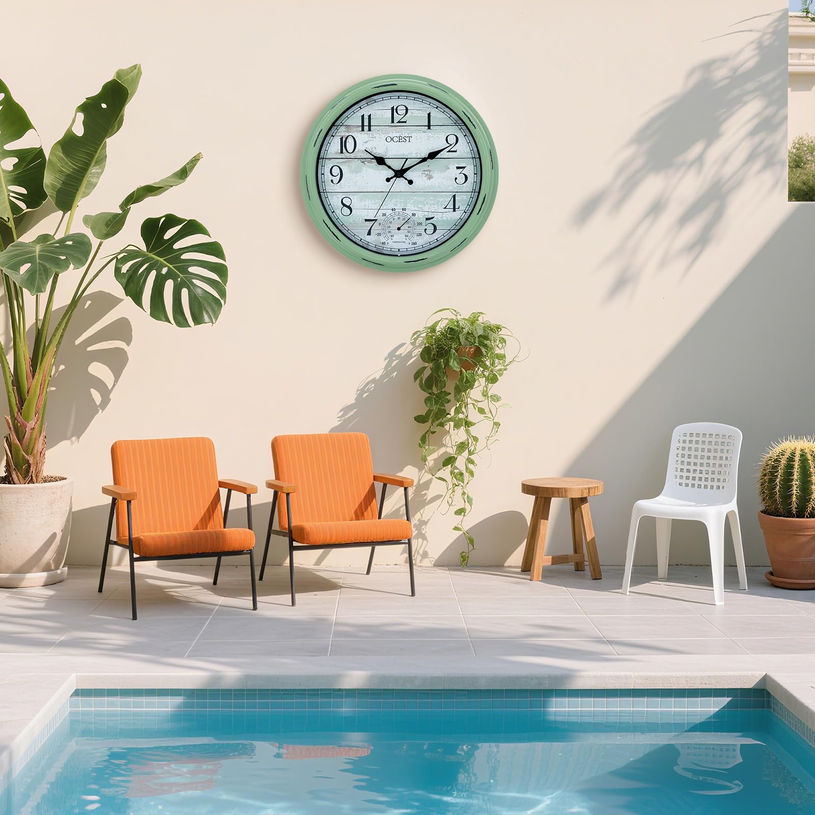 OCEST Grande horloge murale étanche pour intérieur et extérieur de 40,6 cm avec thermomètre, silencieuse, sans tic-tac, fonctionne à piles, décoration pour terrasse, piscine, porche, jardin, garage