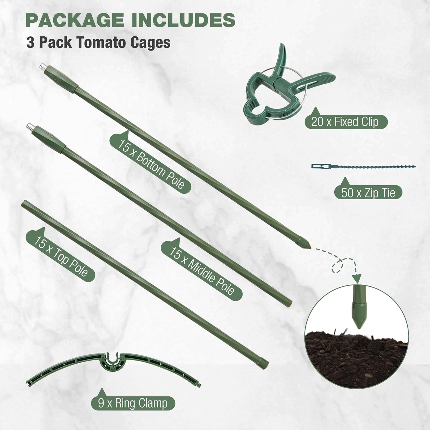 Happygrill 3 Pack Plant Cages and Supports, 60 inch Tall Adjustable Tomato Cage w/Clips & Ties, Heavy-Duty Garden Trellis for Climbing Plants, Vines, Flowers, Vegetables, Potted Plants Indoor Outdoor