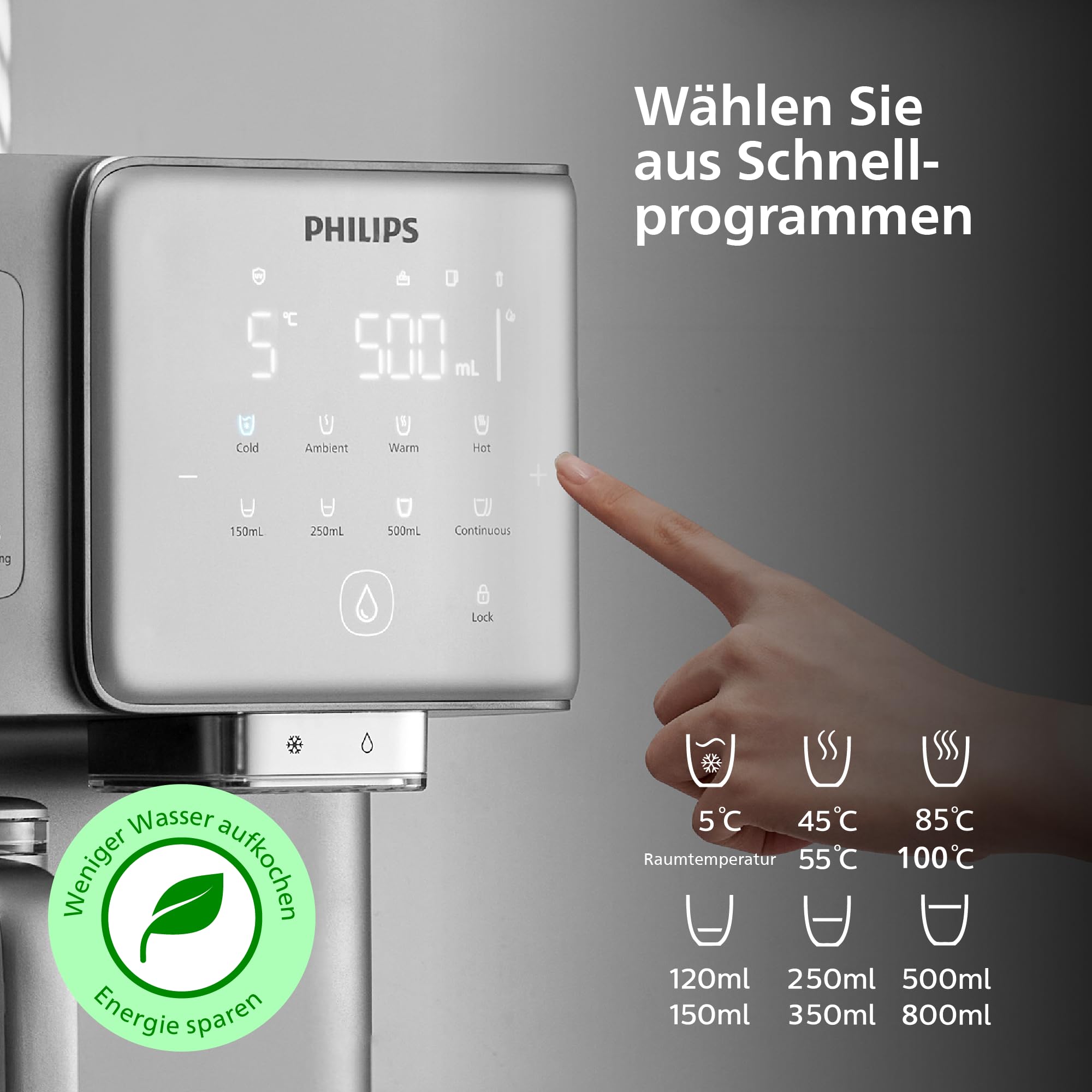 Philips Water 9000 Umkehrosmose-Wasserspender: heißes & gekühltes Wasser in Sekunden, Eiswürfelfunktion, 6-in-1-RO-Filter mit Mineralien, >110 Schadstoffe reduziert, 3:1 Rein-/Abwasser, UV-C, 2000 L