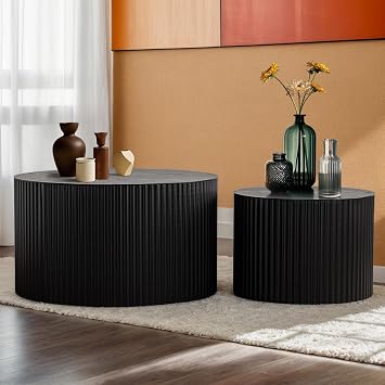 Round Nesting Coffee Table Set of 2 Fluted Coffee Table and Side Table Set Contemporary Living Room End Table Bedroom Balcony Drum Side Table Circular Stackable Coffee Table,Black,Small