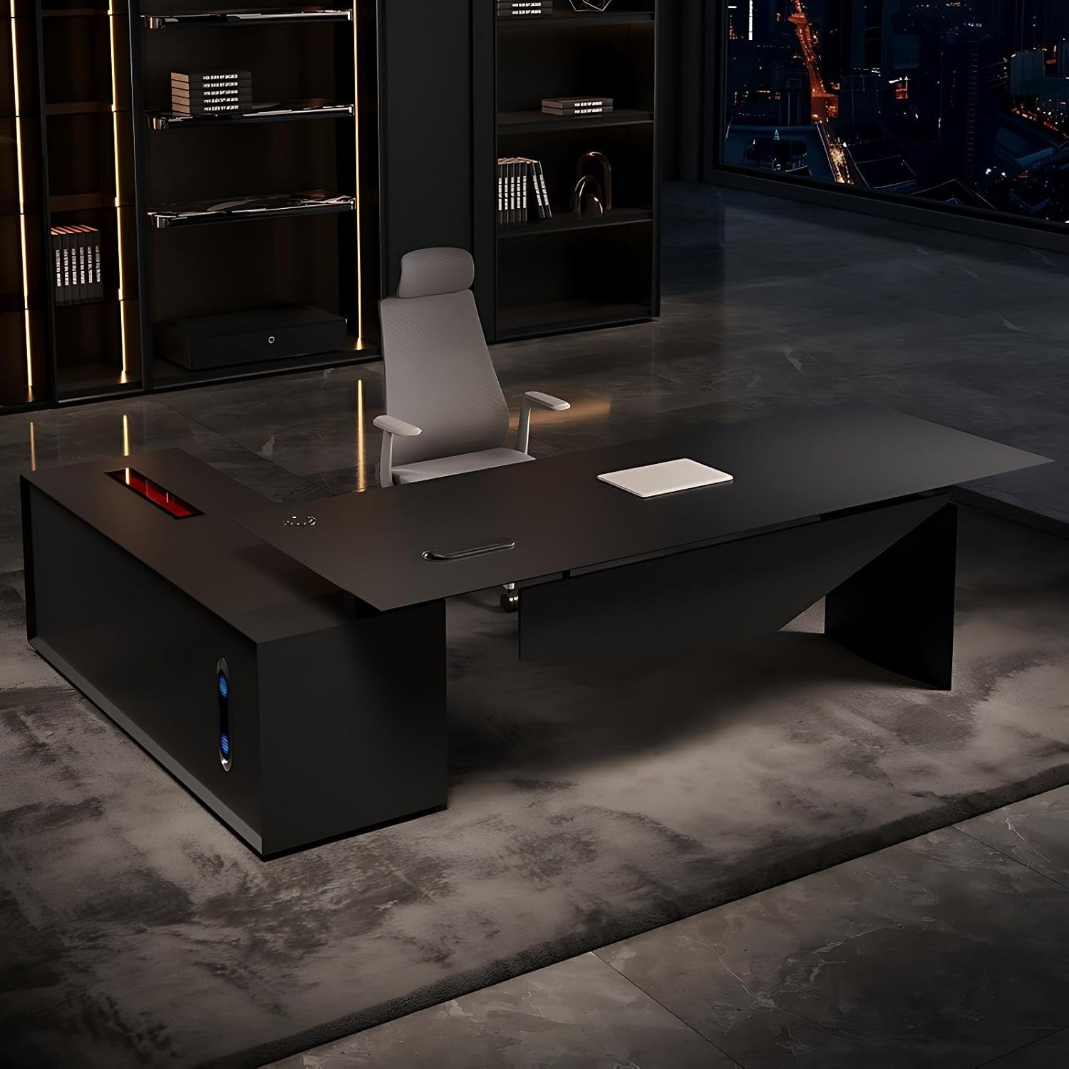 Executive Desk - Black L-Shaped Desk with Drawers Executive Office Desk with Multi-Functional Junction Box Height Adjustment System