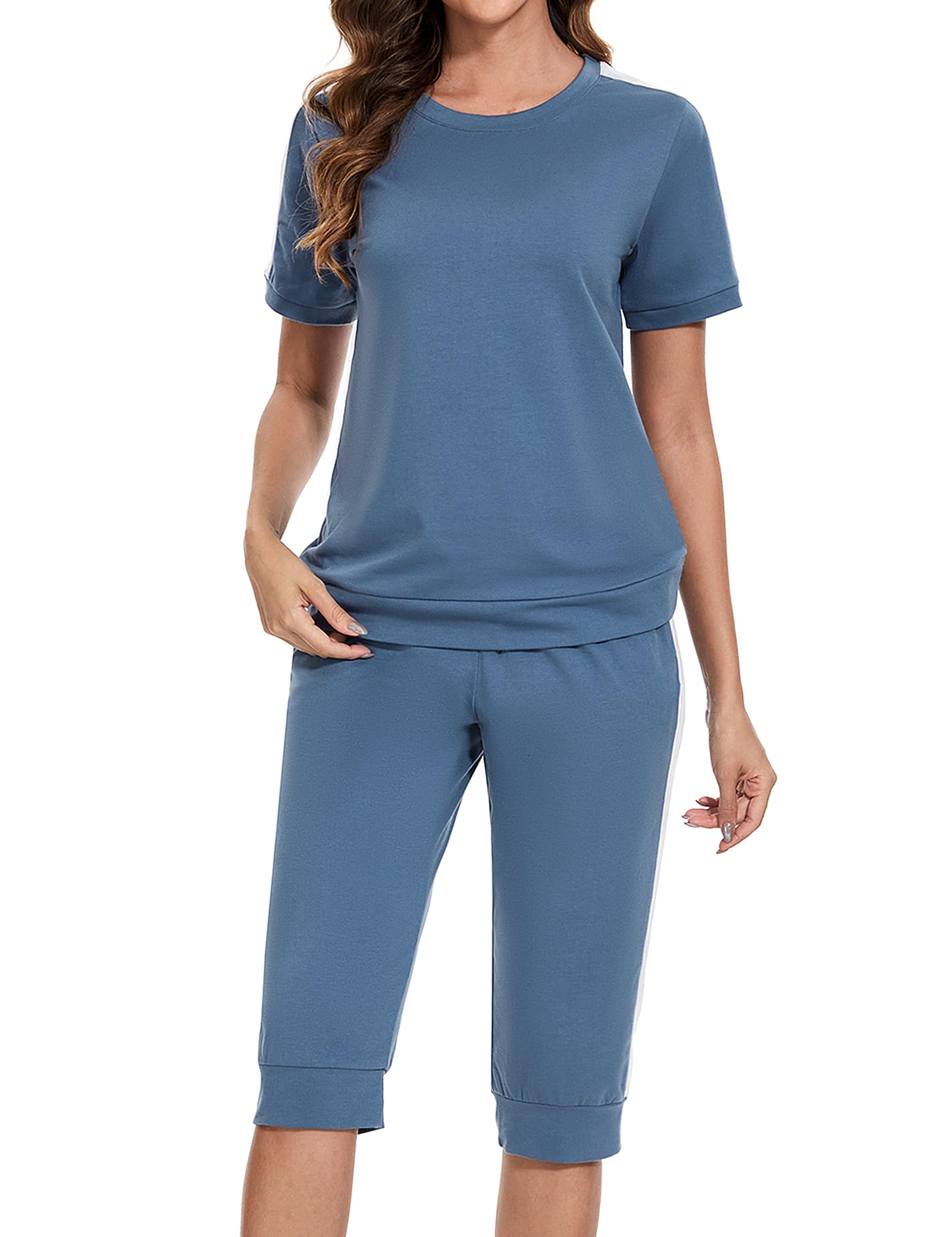 Aottori Completa Sportivo Donna Due Pezzi Tuta da Ginnastica Estivo T-Shirt Manica Corta e Pantaloni 3/4 Casual Elegante Pigiama Set per Jogging Training Casa Fitness