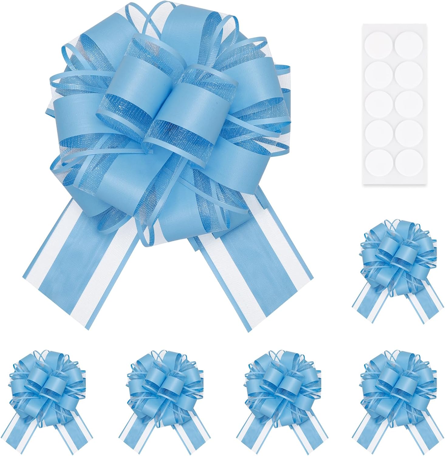 EUSOAR Pull Bows for Gift Wrapping, 6pcs 6" Blue Organza Present Decorations Large Bow with Ribbon, Baskets Flower Gift Box Package Wrap Bows for Wedding Christmas Birthday Party Valentine's Day