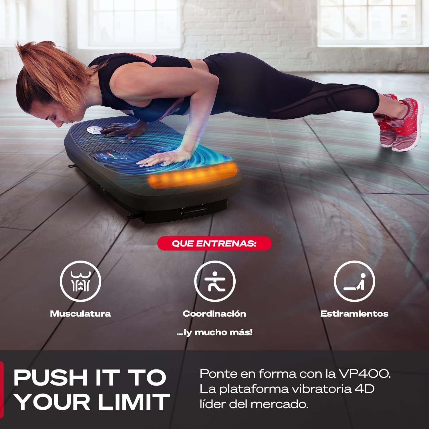 Sportstech 4D VP400 Plataforma Vibratoria de Diseño Curvo + Videos de Entrenamiento, Pantalla Táctil, Gran Superficie, Tecnología LED, Reloj Remoto, Bandas de Resistencia, póster y Esterilla