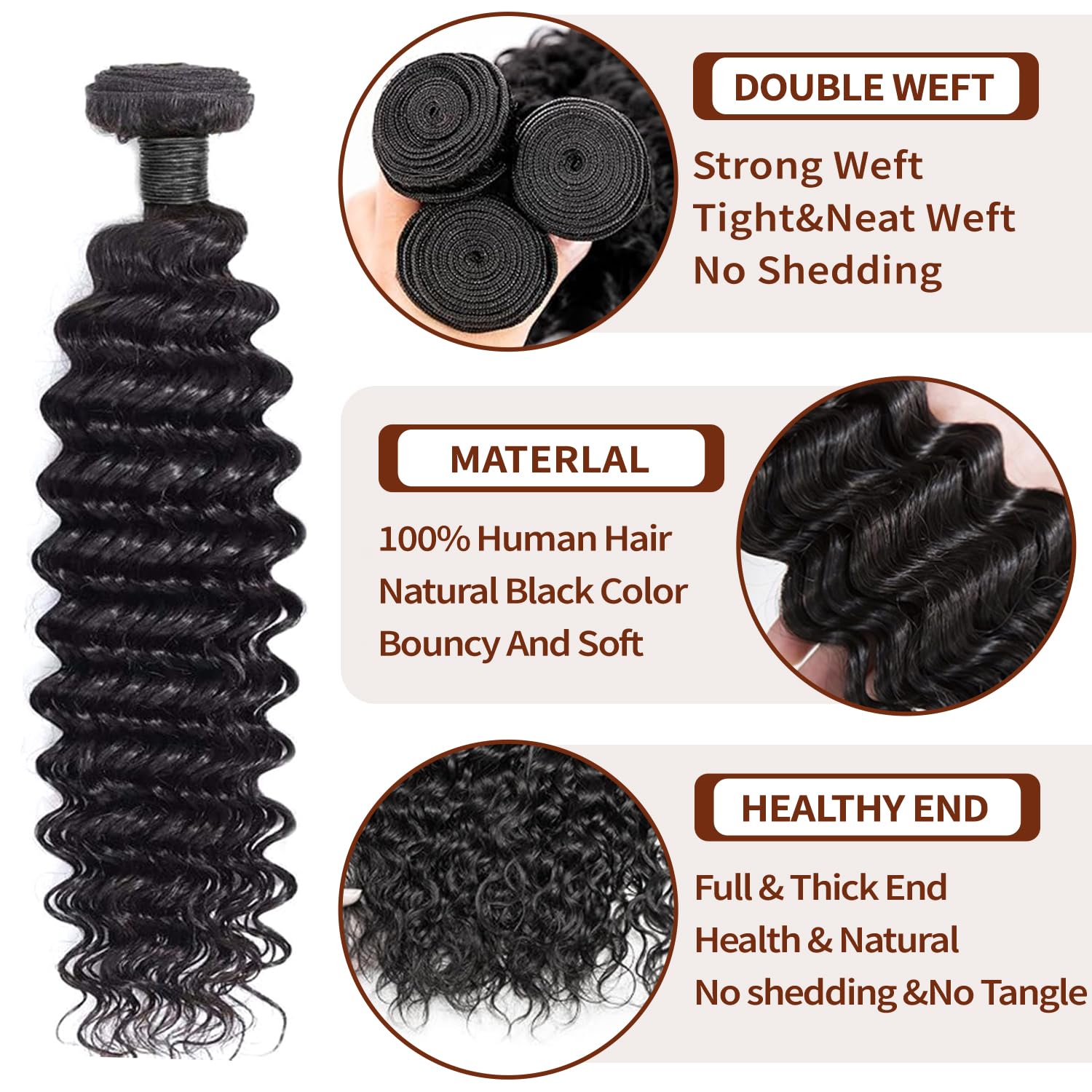 Deep Wave Human Hair Bundles, 24 Inch, Black, 100g/pc, 12A Grade, Virgin Brazilian Hair, Shedding Free, Tangle Free, Wavy, Deep Wave, WIG for Women