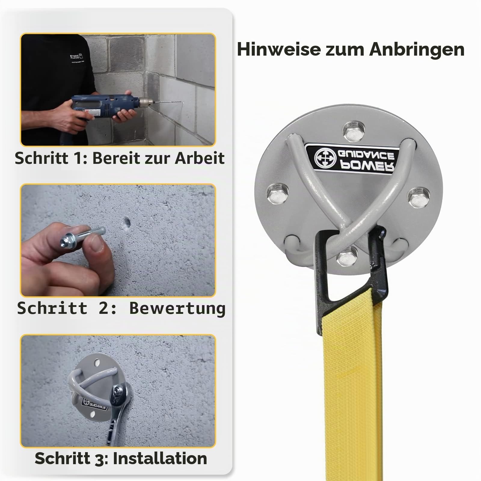 POWER GUIDANCE Hook Wandhaken Deckenanker -Ceiling Anchor Wandhalterung für Aufhängegurte, Gymnastikringe, Yoga Swings & Hängematte, Resistance Band, Battle Rope (1 Stück)