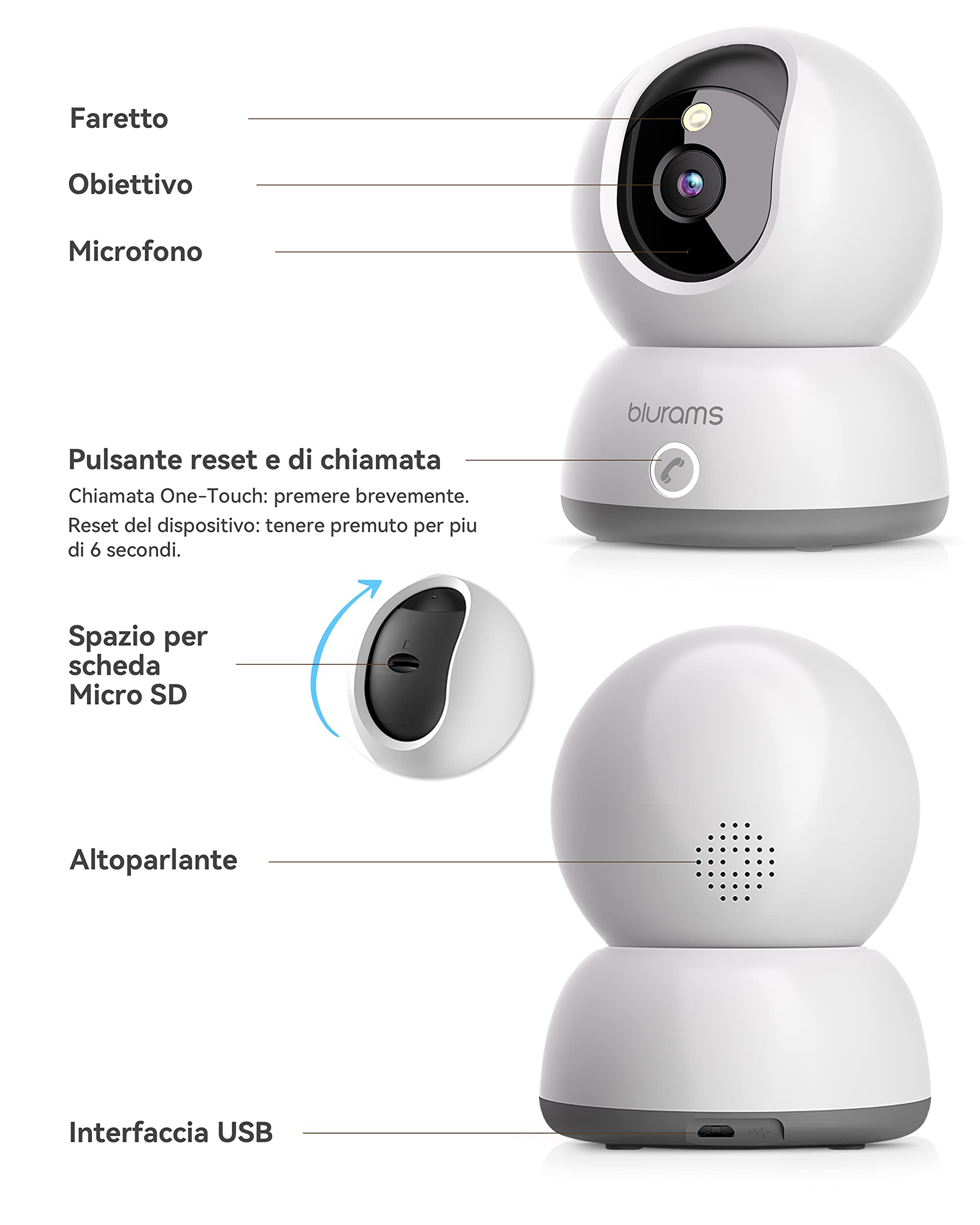 blurams Telecamere Wifi Interne,Videocamera Sorveglianza Interno Wifi,Telecamere per Cani/Casa/Bambini,Visione Notturna a Colori,One-Touch Call,Allarme,Rotazione a 360°
