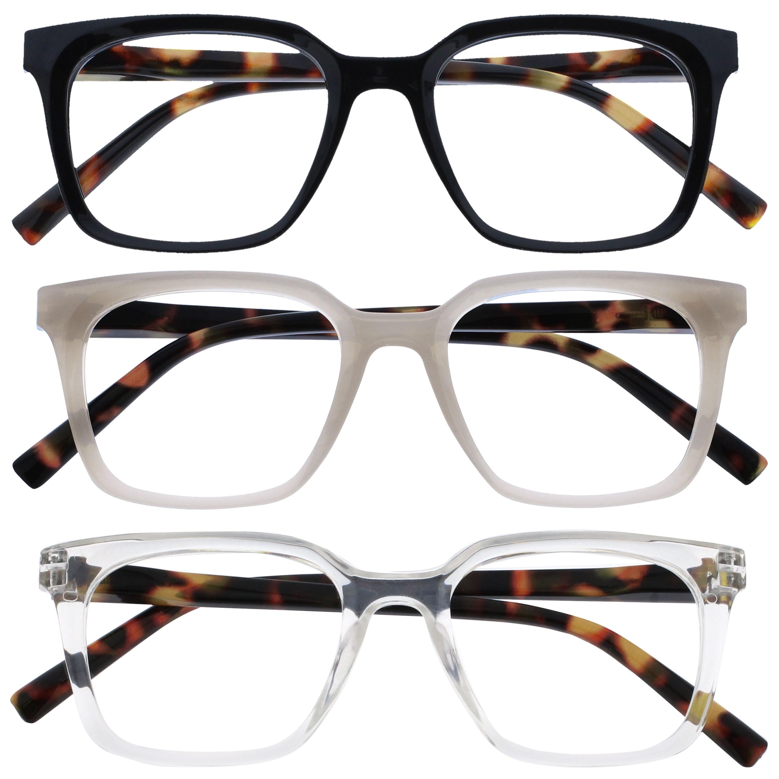 OPULIZE KOI Lesebrille 3er Pack - Große Rechteckige Brillenfassung - Schwarz-Grau-Durchsichtig - Damen, Herren - Federscharniere - RRR50-17C - +3.50