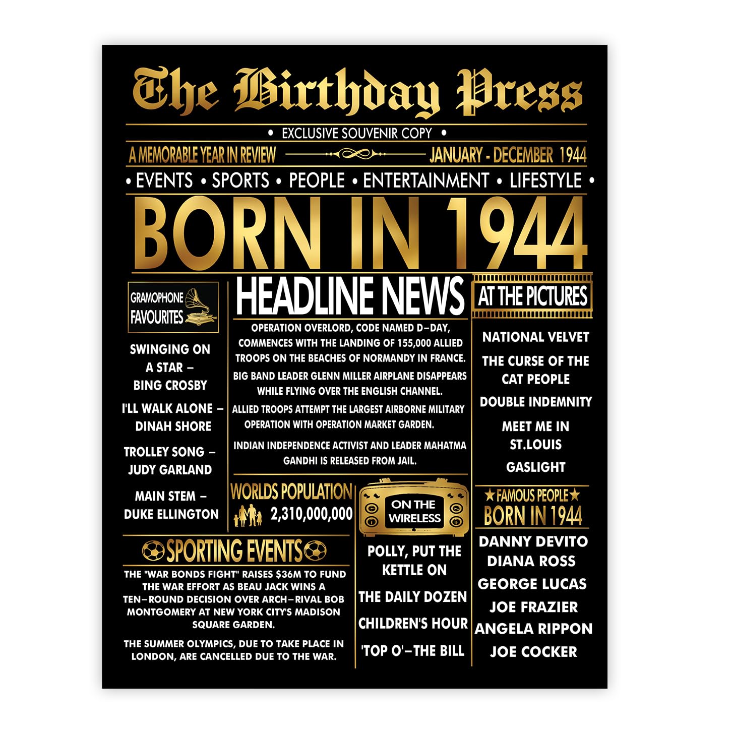 Stuff4 Gold 82nd Birthday Poster Unframed - Golden Born In 1944 Newspaper - Happy 82 Birthday for Men Women Retro Vintage Gifts Back In 1944, 8x10 Inch Bday Party Decor Decoration