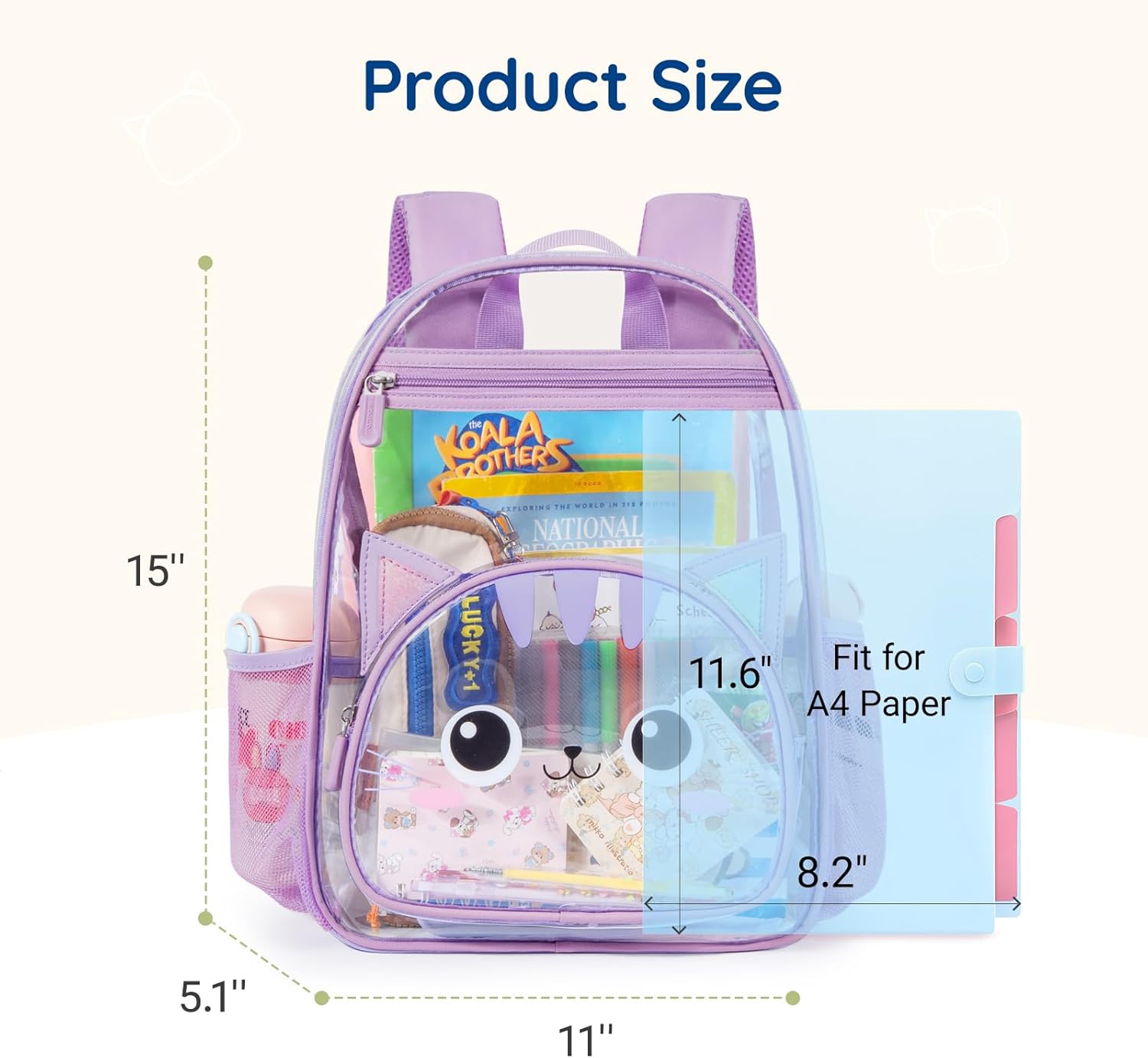 mommore Clear Backpack for Kids Cartoon Kitty Backpack for Girls 4-8 Water-Resistant See Through Cartoon Toddler Bookbag with Chest Strap for Preschool Kindergarten Travel, Purple - Image 5