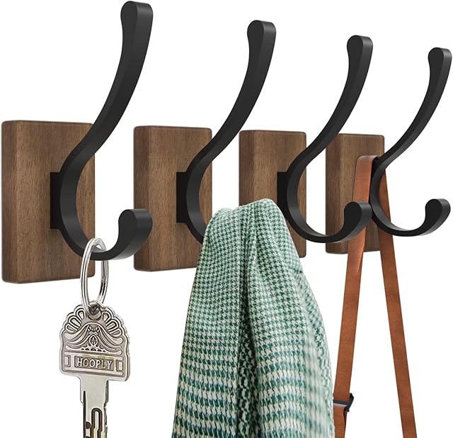 Wood Coat Hooks Wall Mounted, 4 Pack Coat Hangers for Hanging Clothes, Coat, Towel, Keys, Hats, Robe, Purse, Susswiff Wooden Wall Hangers Decor Livingroom, Bathroom, Bedroom, Cloakroom