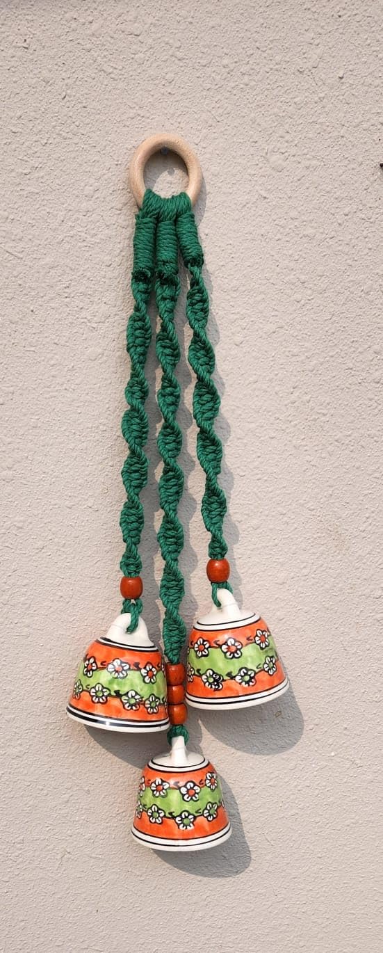 Handcrafted Terracotta Wind Chimes with Floral Motifs | Green and Orange | Bunch of 3 Bells | Tie - Die Hand Painted Ceramic Wind Chimes | Home Decore Hanging | Wind Chimes for Balcony-image-13