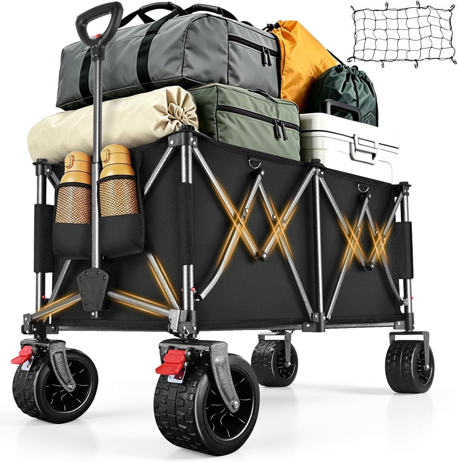 YEAUPE PRO Carrello pieghevole in 4 direzioni con apertura laterale, portata 185 l, 150 kg, pieghevole, con freno di stazionamento e manico regolabile in altezza, per spiaggia, campeggio, giardino