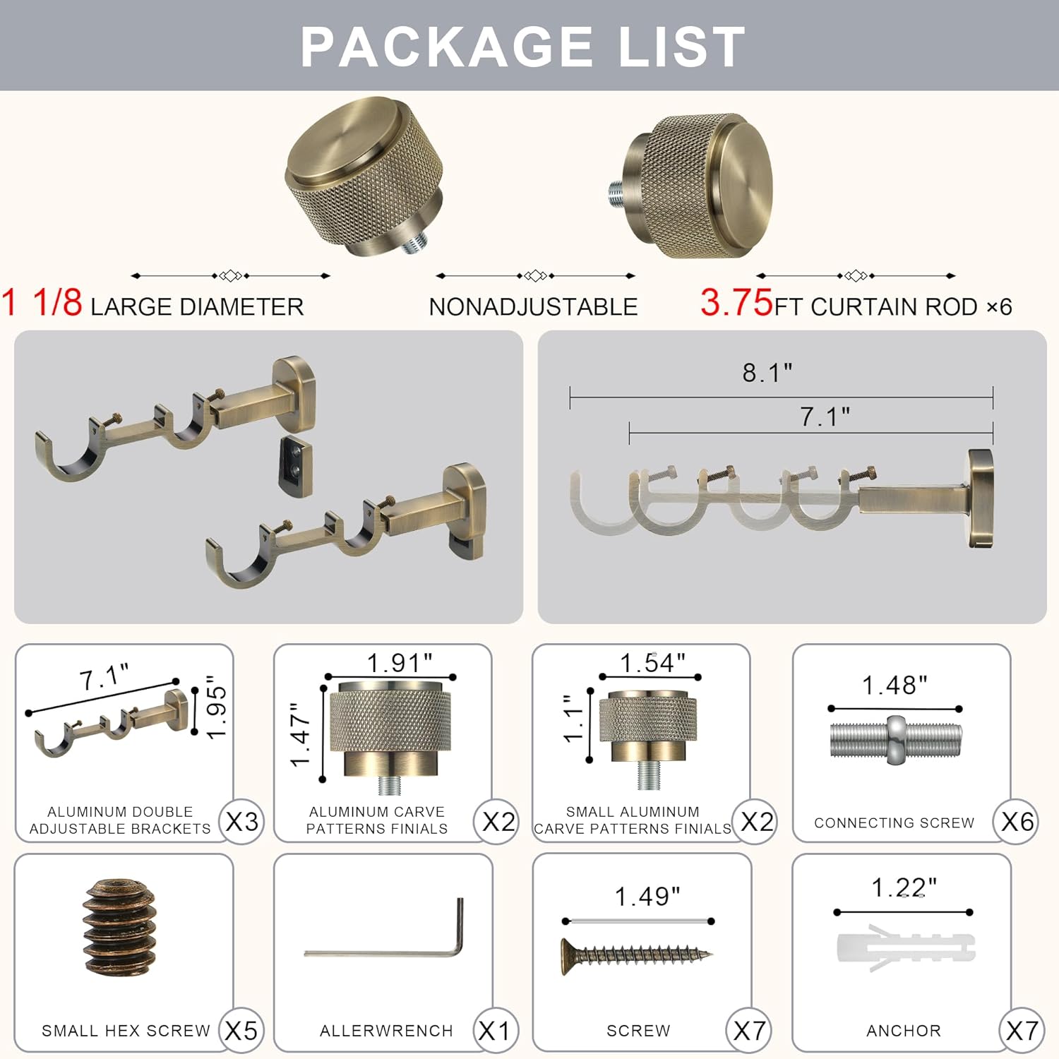 1-1/8 inch Double Curtain Rod - Premium Nonadjustable 132in/11ft Drapery Rods - Heavy Duty Dual Curtain Rods for Windows - Aluminum Finials & Adjustable Concealed Mounting Bracket - Antique Bronze