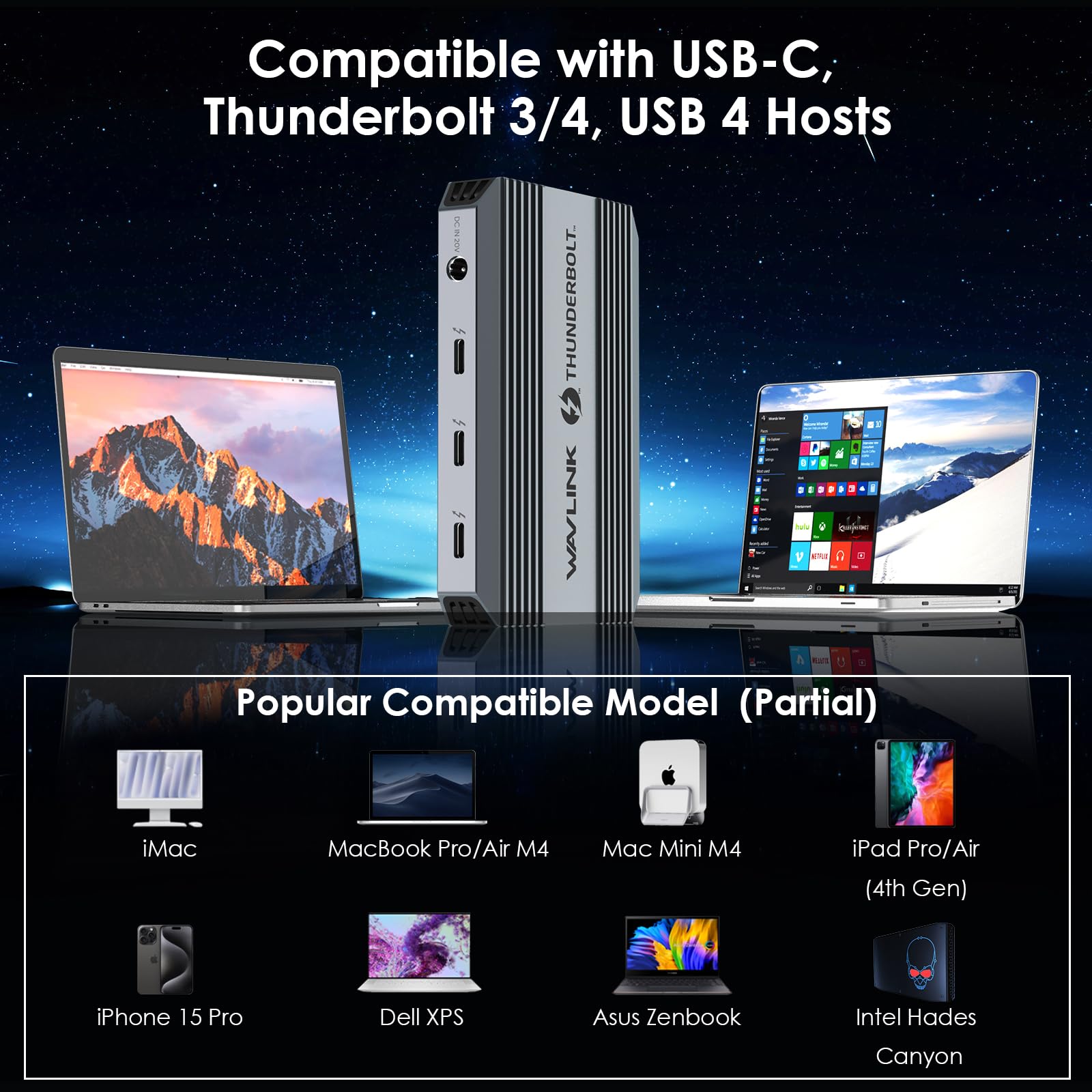 Stacja dokująca Thunderbolt 4, WAVLINK Hub USB C z podwójnym wyświetlaczem 4K@60Hz, dostarczanie mocy 100W, USB-A 3.2 Gen 2, do MacBook Pro/Air M1 M2 M3, laptop Thunderbolt 4/3