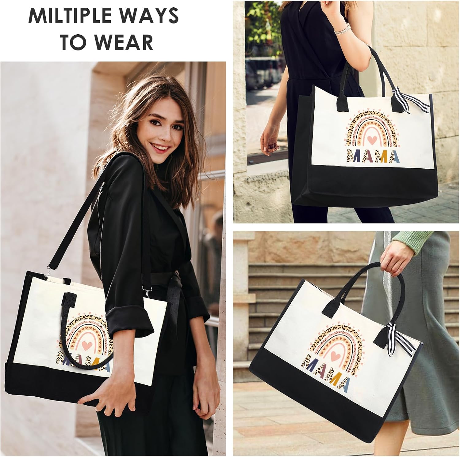 Mama Gift Tote Bags - 2pc Mother's Day Gifts Set for Mom Personalized Boho Leopard totes Hangbag with Canvas Makeup Bag for Women Lovers Her Appreciation Birthday Party Storage Present Suit - Image 8