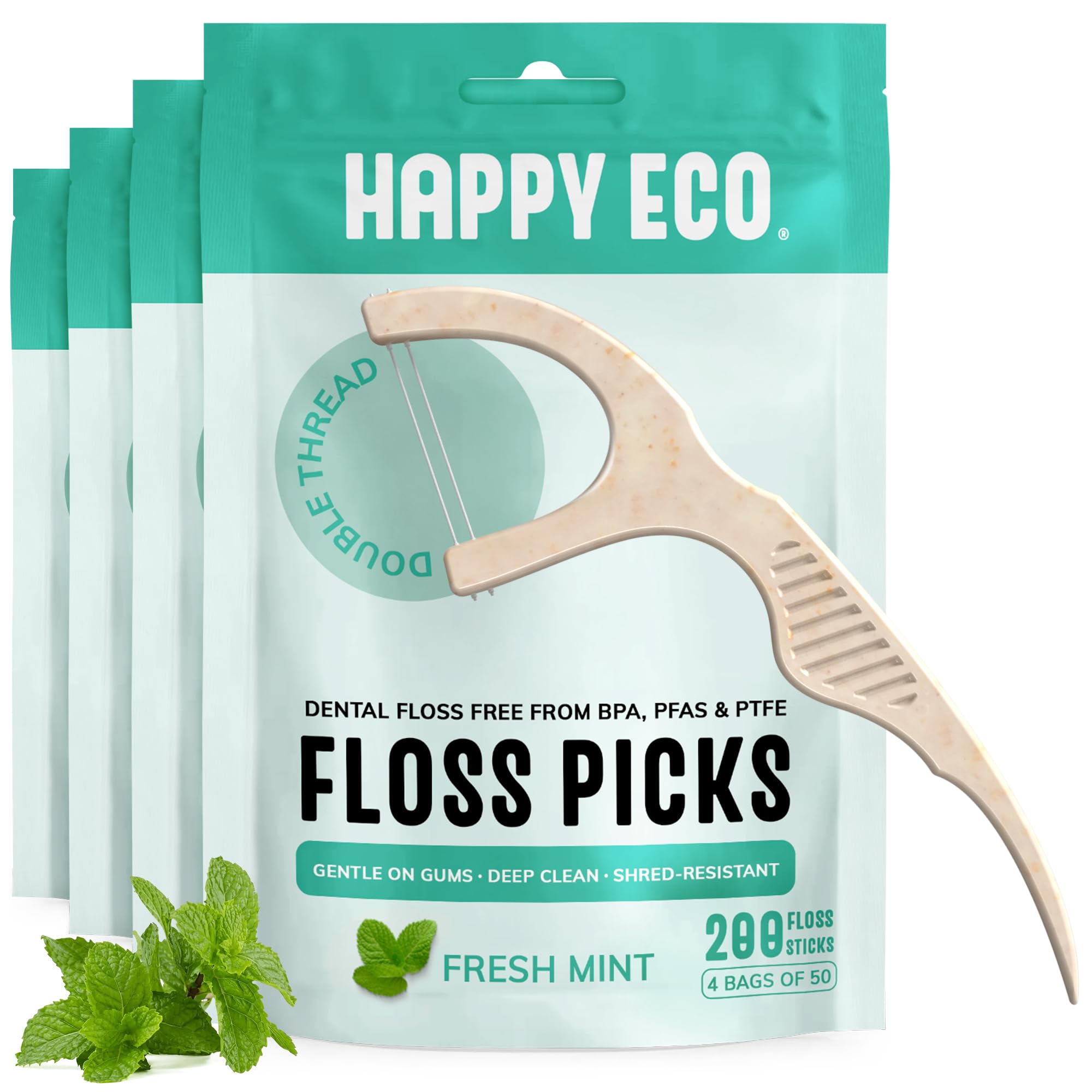 Dental Floss Picks for Teeth (200ct) - Double Thread Tooth Picks Flossers for Adults, Toothpicks Floss, Vegan Corn-Straw Handle, Shred-Resistant