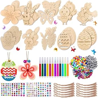 Wooden Easter Pendants for Painting 264 Pieces Easter Crafts Children Easter Decoration Crafts Children Easter Pendant Wood Craft Set Easter Children with Watercolour Pen Rhinestones Decorative Cord Eyes for Crafts
