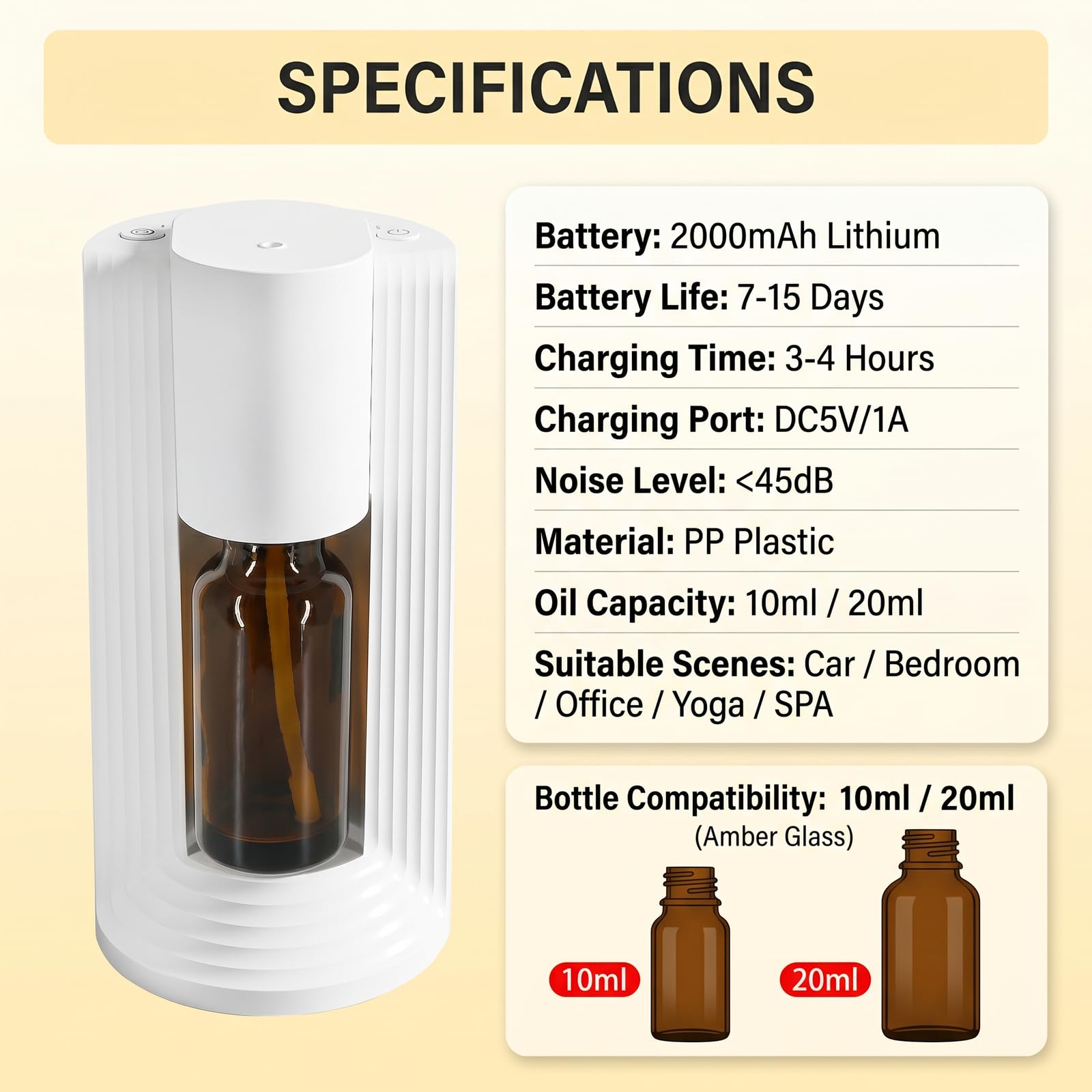hKjPlvf Difusor Aceites Esenciales Sin Agua Nebulizador Aromaterapia Portatil Smart 3 Niveles 2000mAh Recargable Coche Casa Oficina Yoga 10ml 20ml Blanco Electrico Aroma Fragancia