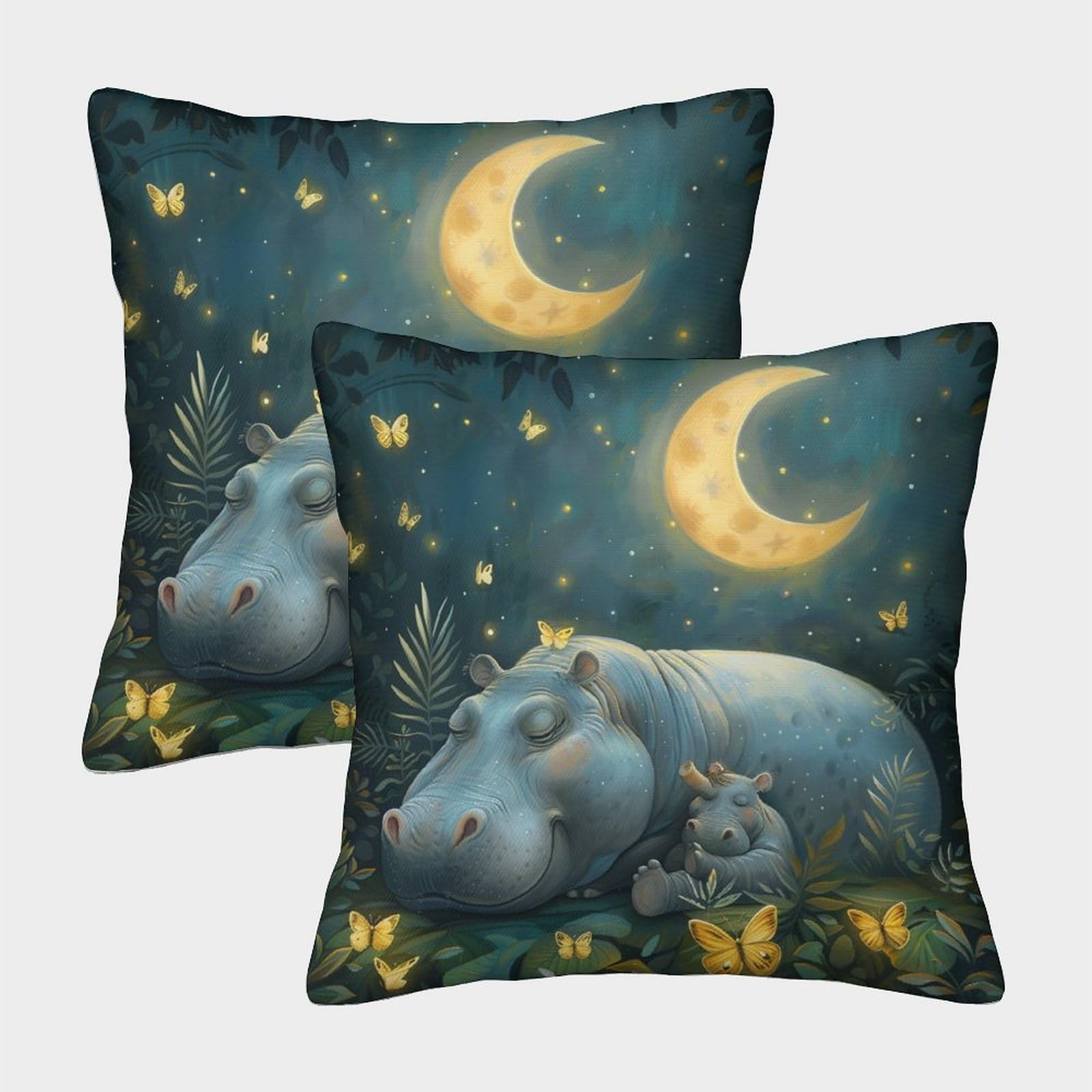 kaiyun 2 Pack Hippopotamus Luxury Digital Printed Soft 3D Cartoon Themed Square Cushion Cover 50x50cm