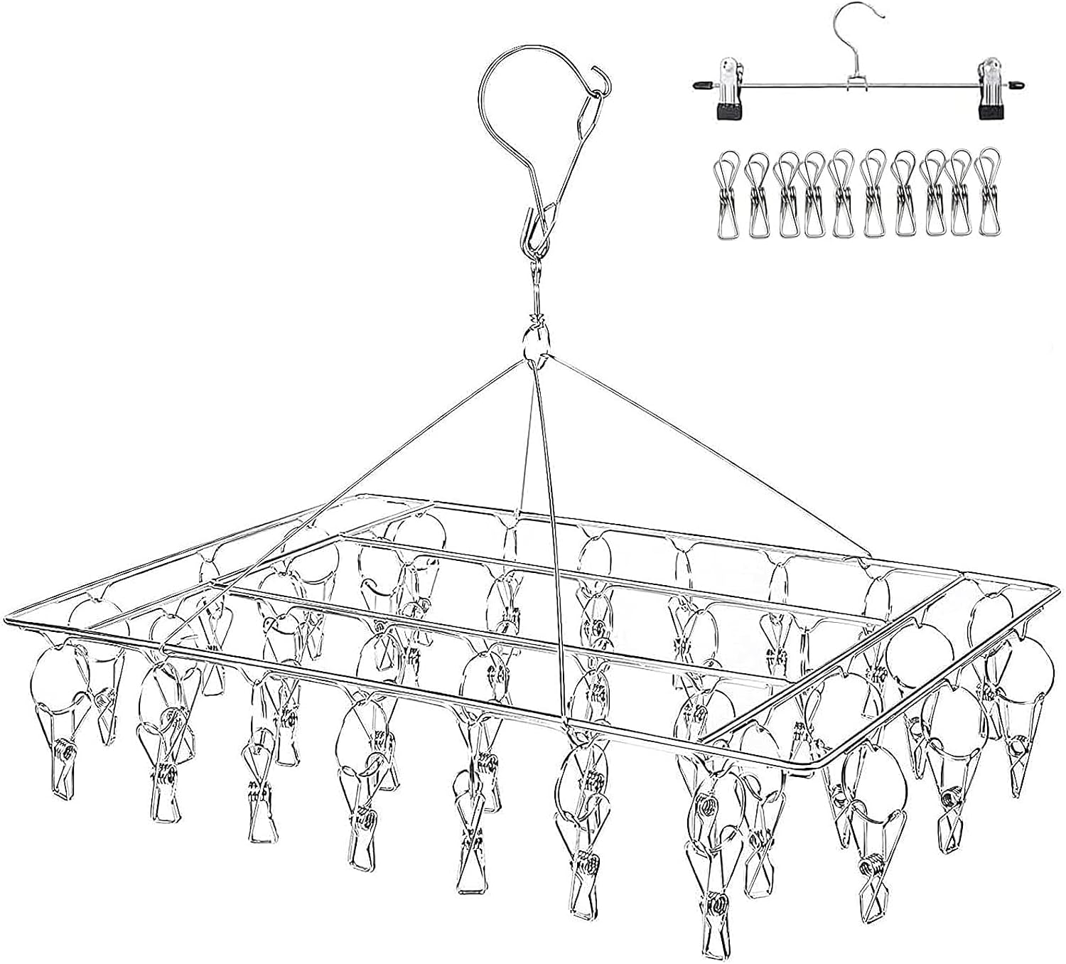 Qualsen Stainless Steel Hanging Clothes Drying Rack with 36 Clips for Drying Socks, Baby Clothes, Cloth Diapers, Bras, Towel, Underwear, Hat, Scarf (Rectangle,1 Pack)