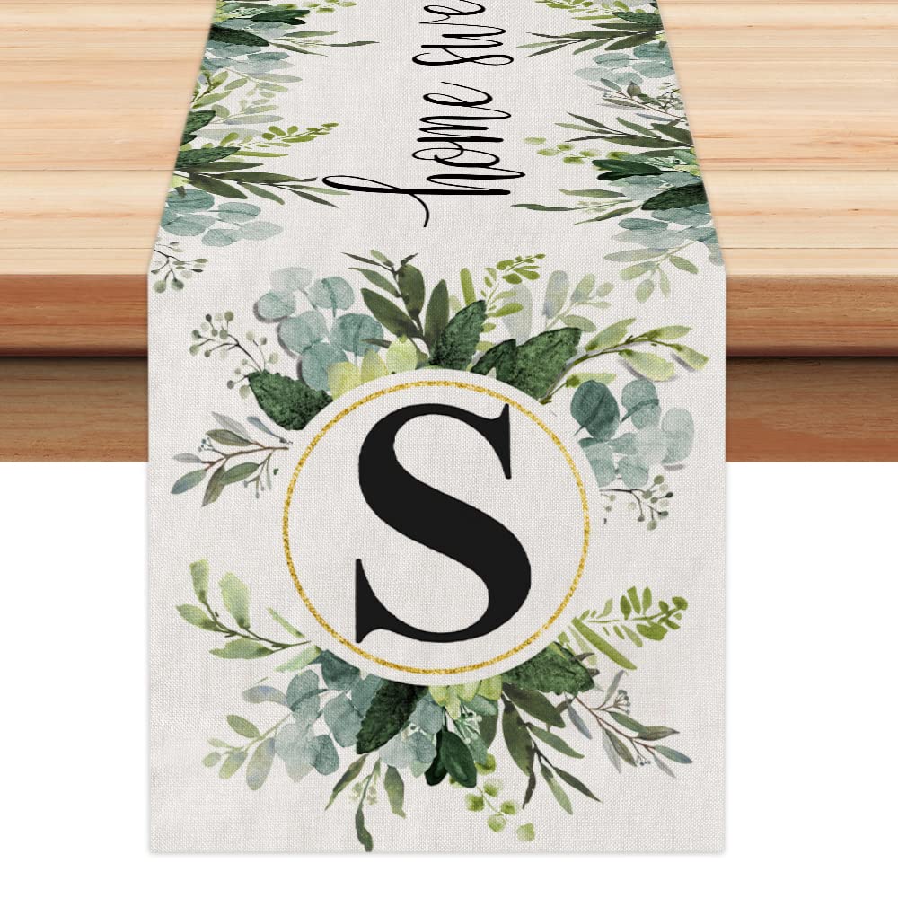 Photo 1 of Monogram Letter S Table Runner 108 Inch, Eucalyptus Farmhouse Sping Summer Table Runners Rustic Holiday Kitchen Dining Decorations for Indoor Outdoor Dinner Party Décor GT052 Letter S Table Runner 13''x108''