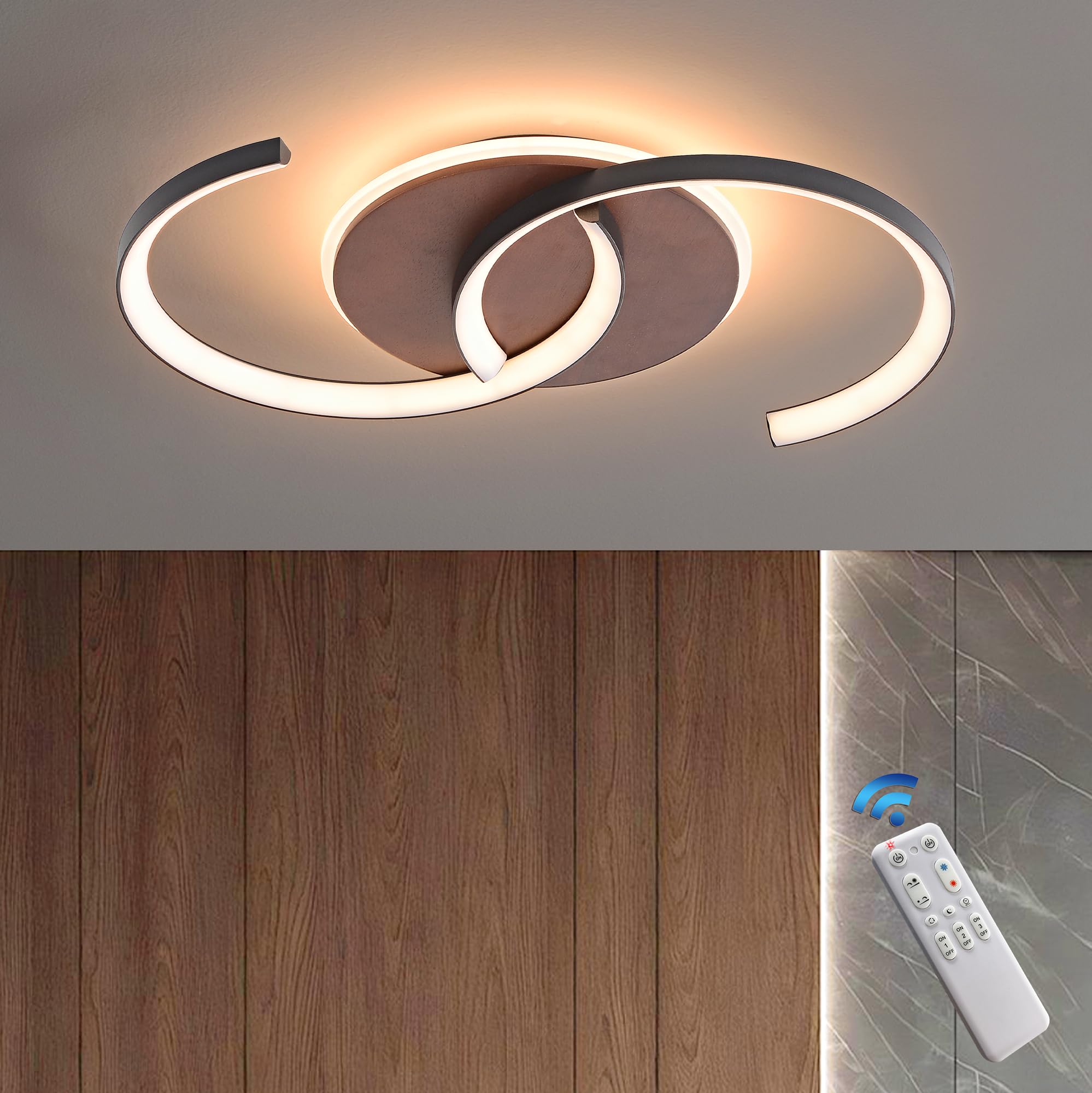 LED Deckenleuchte Holz dimmbar, Walnuss schwarz „S“ 2-Ringe Modern Deckenlampe, 32W 50cm 3200lm 3000K-6000K mit Fernbedienung, Schlafzimmerlampe, Flurlicht, Memory-Funktion, 4W Nachtlicht