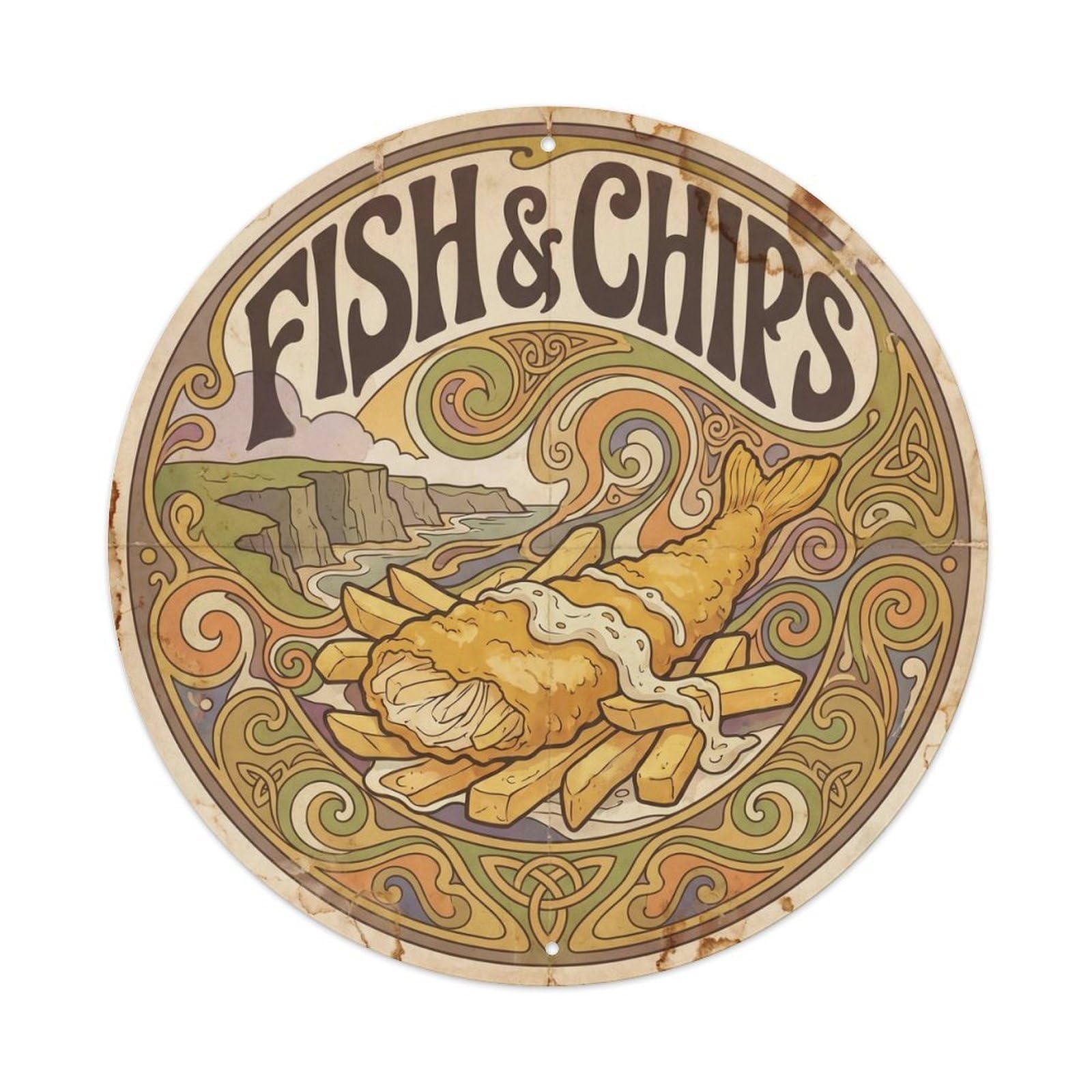 Chippy Irish Travel Coastal Food Colorful Psychedelic Metal Tin Sign