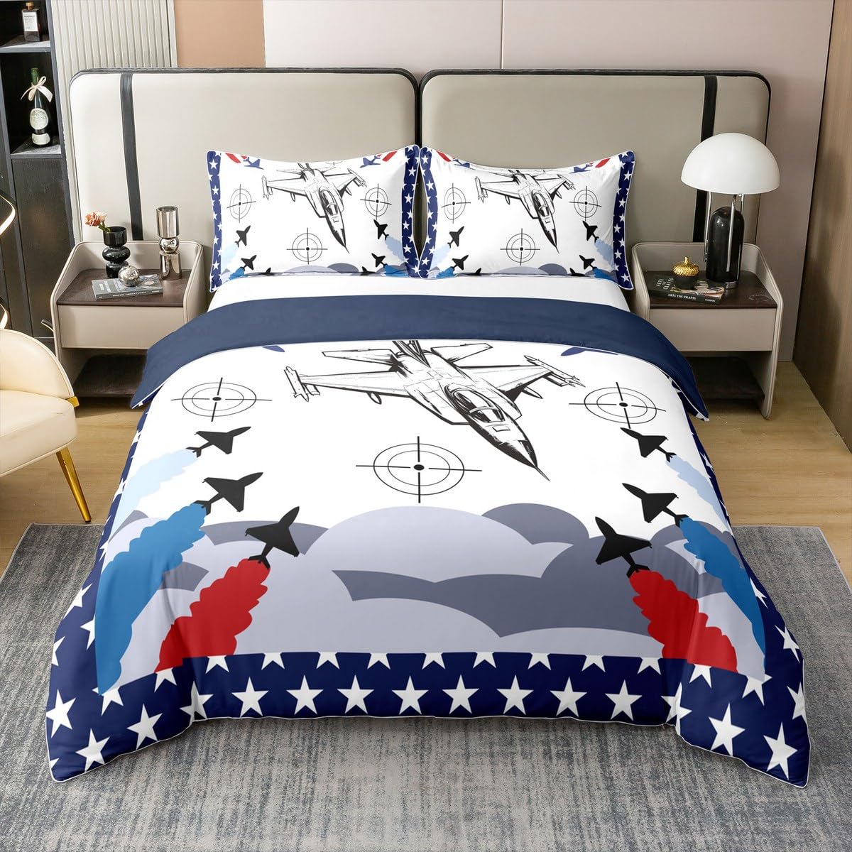 Housse de couette avion de chasse en coton 220x240 avec taies pour lit enfant