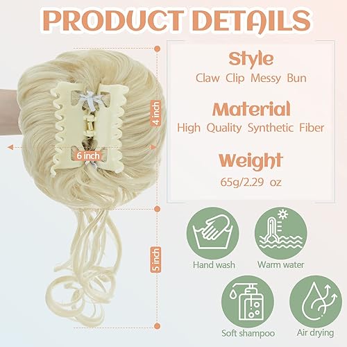 Miniatura 5 de S-noilite Extensiones de moño desordenado con clip de garra, moño falso con clip de garra, extensiones de cabello rubio rizado y ondulado,